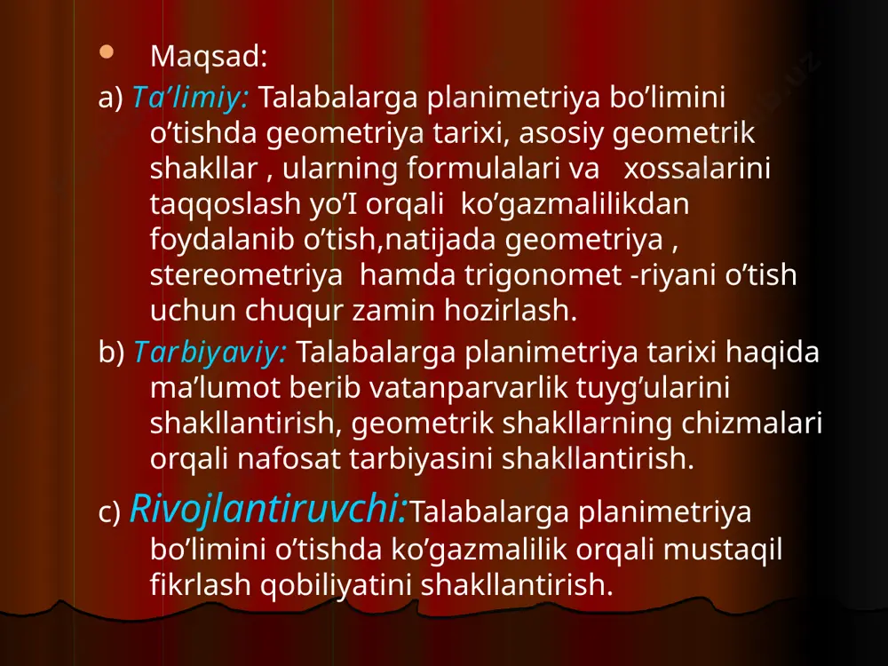 ga ajratadi a b c d kvadrat. ab=bc=cd=ad s= ab2 yoki s = a 2 pabcd = ab+bc+cd+ad kvadratning barcha tomonlari teng. kvadratning barcha burchaklariteng, ya’ni 900 dan kvadratning barcha dioganallari o’zaro teng , kesishish nuqtasida teng ikkiga bo’linadi. kvadratning to’rta simmetriya o’qi bor. kvadratning dioganali uni ikkita simmetrik uchburchakga ajratadi. a a b c d parallelogramm sabcd = ad x be sabcd = abade sin a pabcd = ab+bc+cd+ad parallelogrammning qarama-qarshi tomonlari teng: ab=cd, bc=ad. parallelogrammning qarama-qarshi burchaklari teng: <a=<s, <b=<d. bir tomonga yopishgan burchaklarning yig’indisi 180° ga teng: <a+<d=1800<b+<c=180°, <c+<d=180°, <a+<b=180°. parallelogrammning dioganali uning simmetriya markazidir. parallelogrammning dioganali bir nuqtada kesishadi va kesish nuqtasida teng ikkiga bo’linadi. a b c d e romb sabcd = ac x bd sabcd = ab 2 sin a pabcd = ab+bc+cd+ad romb barcha tomonlari teng bo’lgan parallelogrammdir. rombning diagonallari o’zaro perpendikulyar: rombning qarama qarshi burchaklari teng. bir tomonga yopishgan burchaklarning yig’indisi 180° …