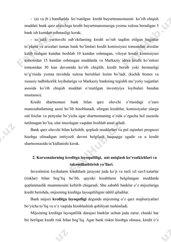 hish qobiliyati tushiniladi. mijozning kreditga layoqatlilik darajasi banklar uchun juda zarur, chunki har bir berilgan kredit risk bilan bog’liq. agar bank riskni hisobga olmasa, kredit o’z vaqtida qaytmasligi yoki umuman to’lanmasligi mumkin. shu sababli, banklar o’z mijozlari moliyaviy holatini, to’lovga qobilligini va albatta, kreditga layoqatliligini tahlil qiladi. jahon amaliyotida, xususan aqshda banklar tomonidan, mijoz kreditga layoqatliligini baholashda "five c", "besh si" qoidasi ishlatiladi. ular quyidagilar: · character (mijoz xarakteri); · capacity (moliyaviy sharoiti); · capital (kapital yoki mol-mulk); · colletarial (ta’minlanganlik); · conditions (umumiy iqtisodiy vaziyat). mijoz xarakteri deganda, uning yuridik shaxs sifatida reputatsiyasi, ma’suliyatliligi, olingan qarzni to’lashga xohishi va tayyorlik darajasi tushiniladi. mijoz moliyaviy sharoiti yoki qobiliyati deganda, mijozning kreditni qaysi manbalardan qoplashligi tushiniladi. odatda korxonada quyidagi 3 manbalar mavjud: · joriy kassa tushumlari; · aktivlarni sotishdan tushgan tushum; · va boshqa moliyalashtirish manbalari (maxsus zahiralar, amortizatsiya fondi va b.) kapital deganda, mijozning aktsionerlik kapitali, uning strukturasi, aktiv va …