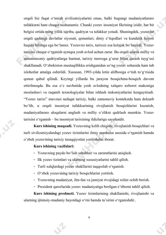 htiyoj sezdi. bu zarurat natijasida yozuv yuzaga keldi. insoniyat tarixida yozuv dastlab axborotni saqlash va boshqaruvda qo‘llanilgan. masalan, qadimgi shumerlar jamiyati taraqqiy etib, sug‘orish tizimlari, soliqlar, omborxonalar, mehnat taqsimoti kabi iqtisodiy va ma’muriy faoliyat tarmoqlari kengaygan sari ularni tartibga solish zarur bo‘ldi. shuning uchun hujjatlashtirishga ehtiyoj ortdi. bu jarayonda insoniyat belgilardan foydalanishni boshladi. yozuvning ilk shakllari, odatda, belgilangan son, mahsulot turi yoki harakatni ifodalovchi ramzlar tarzida namoyon bo‘lgan. dastlab bu belgilar maxsus belgili toshlar, yog‘och bo‘laklari yoki sopol idishlarga qo‘yilgan chizgilar orqali ifodalangan. tarixiy manbalarga ko‘ra, dunyodagi eng qadimgi yozuv tizimi shumer sivilizatsiyasida miloddan avvalgi iv mingyillikda paydo bo‘lgan. u klinopis, ya’ni mixxat yozuvi deb nomlanadi. bu yozuv loydan yasalgan taxtachalarga uchburchak uchli tayoqchalar yordamida maxsus belgi shaklida yozilgan. ushbu yozuv tizimi dastlab xo‘jalik hisob-kitoblarini yuritish, davlat arxivlari va soliqlarni qayd etish uchun ishlatilgan. shumerlar yozuvni savdo bitimlari, mulk hujjatlari, mehnat daftarlari, hatto sud hujjatlari kabi huquqiy va iqtisodiy sohalarda …