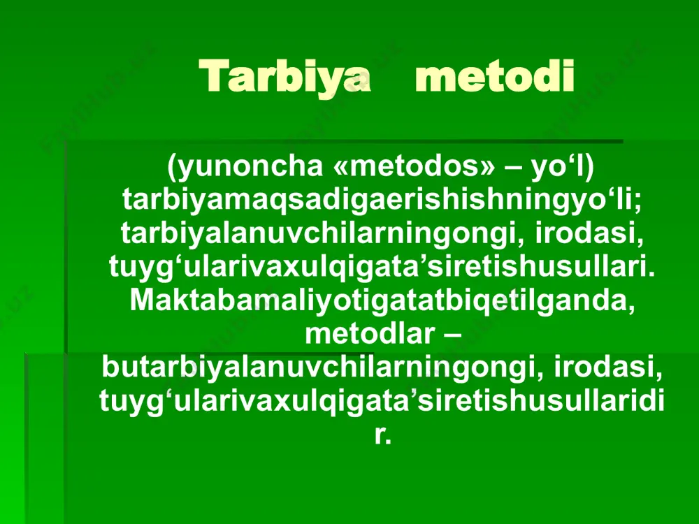 shakllantirish mumkin. biroq har bir bosqichda mazkur sifatni shakllantirish borasida turli metodlar qo‘llaniladi. halq pedagogikasida halq pedagogikasida tarbiya metodlari. halq pedagogikasi o‘zbekona axloq, odob va tarbiyaning barcha qirralarini o‘zida mujassamlashtirgan. halq pedagogikasida turlicha tarbiya metodlari hamda vositalaridan foydalaniladi. bu metod va vositalar nihoyatda rang-barang bo‘lib, ko‘p jihatlari bilan ilmiy pedagogikadan ustunlik qiladi. binobarin, ushbu metodlar ilmiy pedagogikaning shakllanishiga ham o‘z ta’sirini o‘tkazgan. halq pedagogikasida qo‘llanilgan hilma-hil tarbiya metodlarini quyidagi tarzda umumlashtirish mumkin. 1. tushuntirish (hikoya qilish, o‘rgatish). 2. mashqlantirish (odatlantirish, mashq qildirish). 3. namuna (maslahat berish, uzr so‘rash, yaxshiliklar haqida so‘rash, o‘rnak bo‘lish). 4. nasihat qilish, o‘git (undash, ko‘ndirish, iltimos qilish, yolvorish, tilak-istak bildirish, ma’qullash, rahmat aytish, duo qilish, oq yo‘l tilash va hokazolar). 5. qoralash va jazo (ta’kidlash, ta’na, gina, tanbeh berish, majbur qilish, koyish, ayblash, uyaltirish, qo‘rqitish, nafratlanish, ont-qasam ichirish, urish, kaltaklash va hokazolar). yoshlar agar e’tibor berilsa, yuqoridagi beshta metod umumiy yaxlitlikni ifodalaydi. oldin bolaga umumiy jarayonning …