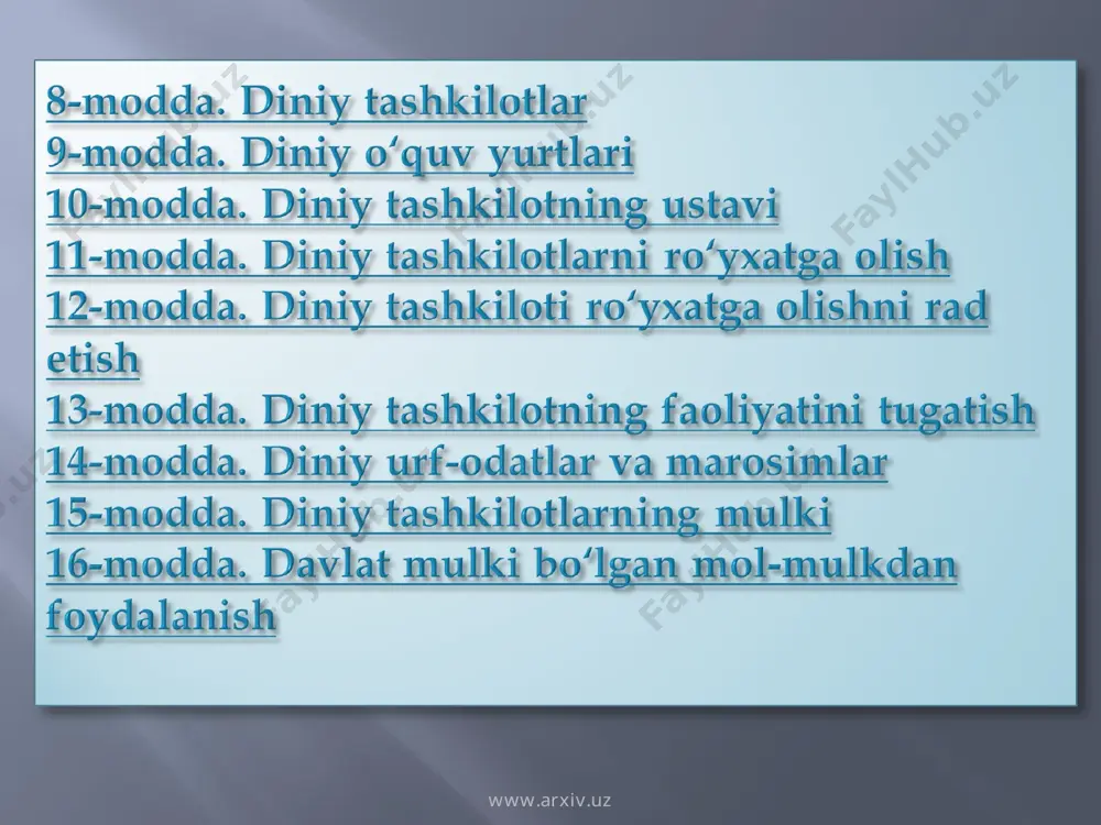 iqod qilmaydigan fuqarolar, har xil e’tiqodlarga mansub diniy tashkilotlar o‘rtasida o‘zaro murosa va hurmat o‘rnatilishiga ko‘maklashadi, diniy va o‘zga mutaassiblikka hamda ekstremizmga, munosabatlarni qarama-qarshi qo‘yish va keskinlashtirishga, turli konfessiyalar o‘rtasida adovatni avj oldirishga qaratilgan xatti-harakatlarga yo‘l qo‘ymaydi. davlat diniy konfessiyalar o‘rtasidagi tinchlik va totuvlikni qo‘llab-quvvatlaydi. bir diniy konfessiyadagi dindorlarni boshqasiga kiritishga qaratilgan xatti-harakatlar (prozelitizm), shuningdek boshqa har qanday missionerlik faoliyati man etiladi. ushbu qoidaning buzilishiga aybdor bo‘lgan shaxslar qonun hujjatlarida belgilangan javobgarlikka tortiladilar. www.arxiv.uz www.arxiv.uz www.arxiv.uz www.arxiv.uz davlat organlari bilan diniy tashkilotlarning o‘zaro munosabatlarini muvofiqlashtirish hamda vijdon erkinligi va diniy tashkilotlar to‘g‘risidagi qonun hujjatlari ijrosini nazorat qilish vazifasi o’zbekiston respublikasi vazirlar mahkamasi huzuridagi din ishlari bo‘yicha qo‘mita zimmasiga yuklanadi. qo‘mitaning huquqiy maqomi o’zbekiston respublikasi vazirlar mahkamasi tomonidan tasdiqlangan nizom bilan belgilanadi. qoraqalpog‘iston respublikasi vazirlar kengashi, viloyat, tuman va shahar hokimliklari va fuqarolarning o‘zini o‘zi boshqarish organlari tegishli hududlarda vijdon erkinligi va diniy tashkilotlar to‘g‘risidagi qonun hujjatlarga rioya etilishi uchun qonun …