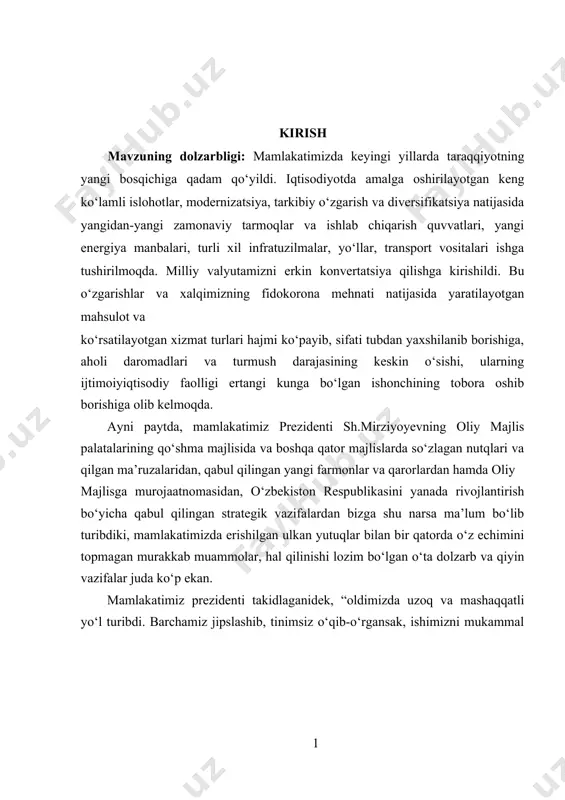 zda erishilgan ulkan yutuqlar bilan bir qatorda o‘z echimini topmagan murakkab muammolar, hal qilinishi lozim bo‘lgan o‘ta dolzarb va qiyin vazifalar juda ko‘p ekan. mamlakatimiz prezidenti takidlaganidek, “oldimizda uzoq va mashaqqatli yo‘l turibdi. barchamiz jipslashib, tinimsiz o‘qib-o‘rgansak, ishimizni mukammal va unumli bajarsak, zamonaviy bilimlarni egallab, o‘zimizni ayamasdan oldinga intilsak, albatta, hayotimiz va jamiyatimiz o‘zgaradi” . bugungi kunda dunyoning turli mintaqalarida sodir bo‘layotgan qaramaqarshiliklarning kuchayib borishi, jahon bozorida vaziyatning tez o‘zgarayotgani dunyoning ko‘plab mamlakatlarida investitsion faollikning susayishi real iqtisodiyotda ishlab chiqarishning o‘sish sur’ati susayishi ro‘y berib, jahon bozorida xarid talabining kamayishi davom etmoqda, ishsizlik darajasi yuqoriligicha qolmoqda, ijtimoiy keskinlik kuchaymoqda. bundan tashqari mamlakatimizdagi ayrim sohalar, tarmoqlar va kompaniyalarda eksport hajmi kamayib, import hajmi oshib ketishi, ko‘plab kapital mablag‘lar sarflanishiga qaramay ishlab chiqarish hajmi va mehnat unumdorligining sust o‘sishi fantexnika taraqqiyoti yuz berib, yangi texnika va texnologiyalarning kirib kelishiga qaramay ketgan xarajatlar va mahsulot tannarxi pasayish o‘rniga aksincha, oshishi holati yuz berishi …