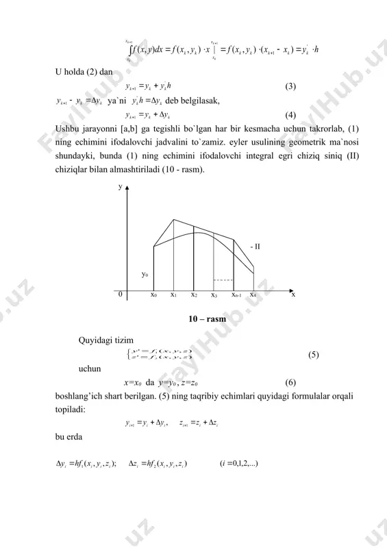 qilinsa, quyidagini hosil qilamiz: u holda (2) dan (3) ya`ni deb belgilasak, (4) ushbu jarayonni [a,b] ga tegishli bo`lgan har bir kesmacha uchun takrorlab, (1) ning echimini ifodalovchi jadvalini to`zamiz. eyler usulining geometrik ma`nosi shundayki, bunda (1) ning echimini ifodalovchi integral egri chiziq siniq (ii) chiziqlar bilan almashtiriladi (10 - rasm). 10 – rasm quyidagi tizim (5) uchun x=x0 da y=y0 , z=z0 (6) boshlang’ich shart berilgan. (5) ning taqribiy echimlari quyidagi formulalar orqali topiladi: bu erda embed equation.3 misol. eyler usuli yordamida differentsial tenglamaning [0,1] kesmada olingan va u(0)=1 boshlang’ich shartni qanotlantiruvchi u(x) echimining taqribiy qiymatlarini h=0,2 qadam bilan toping. echish: quyidagi hisoblash jadvalini to`zamiz. 1- qator . i=0, 2-qator. i=1 , va xakazo i=2,3,4,5lar uchun hisoblanadi. i 0 0,1 1,0000 1,0000 0,200 1 0,2 1,2000 0,8667 0,1733 2 0,4 1,3733 0,7908 0,1582 3 0,6 1,5315 0,7480 0,1496 4 0,8 1,6811 0,7293 0,1459 5 1,0 1,8270 2. runge-kutta usuli …
