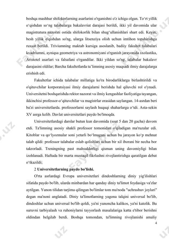 i bir necha bor takrorladi. treningning past mahsuldorligi qisman uning davomiyligi bilan izohlanadi. haftada bir marta mustaqil fikrlashni rivojlantirishga qaratilgan debat o‘tkazildi; 2 universitetlarning paydo bo'lishi. o'rta asrlardagi evropa universitetlari dindoshlarning diniy yig'ilishlari sifatida paydo bo'lib, ularda minbardan har qanday diniy ta'limot foydasiga va'zlar aytilgan. yunon tilidan tarjima qilingan bo'limlar tom ma'noda "uchrashuv joylari" degan ma'noni anglatadi. diniy ta'limotlarning yagona talqini universal bo'lib, dindoshlar uchun universal bo'lib qoldi, ya'ni yunoncha kalikos, ya'ni katolik. bu suruvni tarbiyalash va ruhoniylarni tayyorlash masalalariga katta e'tibor berishni oldindan belgilab berdi. boshqa tomondan, ta'limning rivojlanishi amaliy ehtiyojlardan kelib chiqqan. bu vaqtda iqtisodiy yuksalish, tovar-pul munosabatlarining murakkablashuvi va buning natijasida o'rta asr shaharlarining o'sishi sodir bo'ldi. shahar aholisi o'z ehtiyojlariga moslashtirilgan ta'limga amaliy ehtiyoj sezdi. xii-xiii asrlar arab tilidan, iv salib yurishi natijasida yunon tilidan lotin tiliga o'tgan ko'plab yutuqlar davridir. yevropa nihoyat aristotel asarlariga arabcha taqdimotda bo'lsa ham to'liq kirish imkoniyatiga ega bo'lmoqda. shuningdek, zoologiya, …