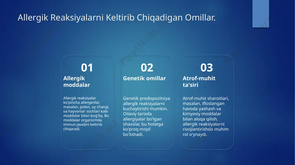 urlarga bo'linadi. mexanizmlar va ta'sir antialerjiy vositalarning mexanizmlari immun tizimining javobiga asoslanadi. bular allergik reaktsiyalarni kamaytirish va ularni nazorat qilishda yordam beradi. e'tiboringiz uchun rahmat! image6.jpeg image7.jpeg image2.png image3.png image4.png image5.png
