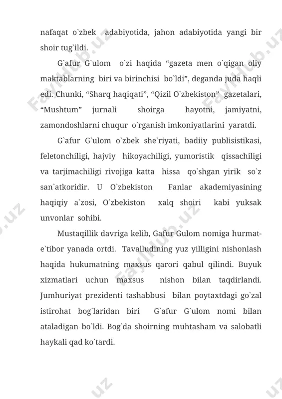loq” (1928) hikoyasini e`lon qilgani, umr shomidagi so`nggi mashhur “mening o`g’rigina bolam”(1965) asari ham hikoya ekani yozuvchi ijodida nasr nechog’lik mustahkam o`rin tutganini ko`rsatadi. g’afur g’ulom bir necha qissalar ham yozdi. lekin ularning bayon usuli bir biridan farq qiladi “netay” (1931) asari yirik- publitsistik pardada uchinchi shaxsda hikoya qilinsa, “tirilgan murda” (1934) satirik pardada bo`lib, qahramonning esdalik daftari shaklida yoziladi “yodgor”ning (1936) bularga o`xshamagan jihati, unda voqeani bosh qahramonning o`zi hikoya qiladi. “shum bola” (1956) qissasi sarguzasht syujet asosiga qurilgan asar hajviy hazil pardada yozilgan. ammo g’afur g’ulom qissalarning barchasini birlashtiradigan o`z tomir bor, bu-mehnatkash insonning adashiyligi, mehr-shavqati, pok qalbi va mehnatsevarligi, insonni himoya etishi uning orzu-armon uchun kurvshish g’oyasidir. g’afur g’ulomda xalq og’zaki ijodi ta`sirining nihoyatda xilma-xil ko`rinishlarini topish mumkin: unda folklor asarlarini qayta ishlash, qoliplash usuli, “shum bola”da “uch yolg’ondan qirq yolg’on” ertagiga o`xshagan g’oyat jozibali yolg’on to`qib, juda qiziq kulgili voziyat-holat yaratadi. o`nlab feletonlarini nasriddin afandi latifalari …