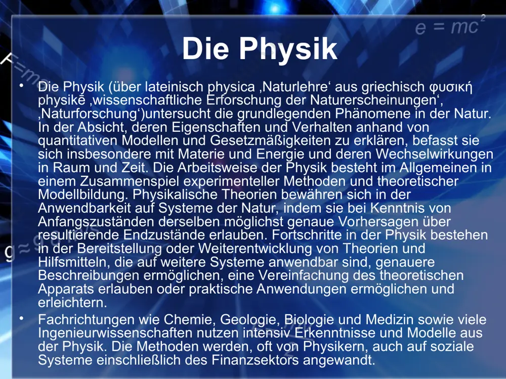 e dieser tendenzen, im 16. und 17. jahrhundert in die entwicklung einer methodologie der physikalischen erkenntnis mündet, die modernen kriterien an experimentelle standards nahe kommt, namentlich mit galileo galilei und isaac newton. damit etabliert sich die physik endgültig als eigenständige disziplin hinsichtlich ihrer methode, ihres gegenstandsbereichs, ihrer wissenschaftssystematischen und institutionellen verortung. diese neue methodik teilt die physik im wesentlichen in zwei große gebiete auf. die theoretische physik beschäftigt sich vorwiegend mit formellen beschreibungen und den naturgesetzen. sie abstrahiert vorgänge und erscheinungen in der wirklichen natur in form eines systems von modellen, allgemeingültigen theorien und naturgesetzen sowie intuitiv gewählter hypothesen. bei der formulierung von theorien und gesetzen bedient sie sich vielfach der methoden der mathematik und der logik. ziel dieser betrachtung ist die vorhersage des verhaltens eines systems sowie die experimentelle prüfung der gültigkeit und vorhersagekraft der gewählten hypothesen durch vergleich des vorhergesagten verhaltens mit den vorgängen und erscheinungen in der …