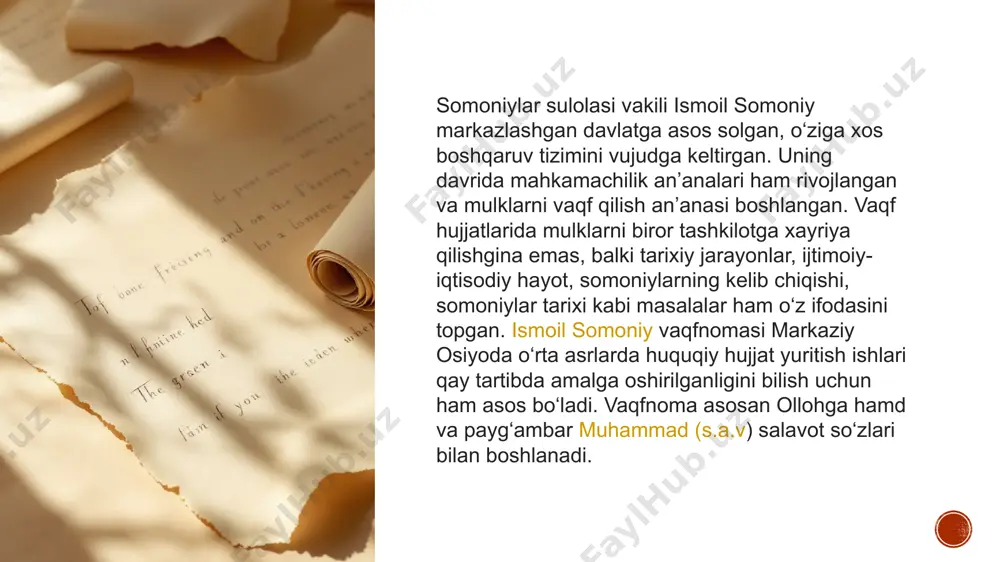 lari ham mavjud bo‘lib, bu vaqfi avlod deyilgan. faqat sayyidlar va xo‘jalargina o‘z vaqflarini vaqfi avlod sifatida rasmiylashtirish huquqiga ega bo‘lganlar. vasiyatning bu turi yer egasi mulkining bo‘linmasligini nazarda tutgan. shuning uchun hukmdorlar, din peshvolari, sayyidlar, xo‘jalar va katta mulk egalari masjid, madrasa va xonaqolar qurib, bu yerlarni abadiy vaqf sifatida ta’sis etganlar. xayriyaning bunday turida vaqf ta’sischisining o‘zi umrbod mutavalli bo‘lar, uning vafotidan keyin esa bu lavozim uning farzandlariga o‘tar edi. shu tariqa vaqf mulklari boshqaruvchisi lavozimi nasldan-naslga o‘tgan. xo’ja axror va jo‘y�bor shayxlarining vasiyatlari ham vaqfi avlodga misol bo‘la oladi. vaqfi avlodning ikki turi mavjud bo‘lgan: sayyidlarning avlodlari foydalanadigan vaqfi avlod va ikkinchisi oilaviy. uning birinchisidan farqi shuki, bu vaqf ma’lum oila vakillarining mulki hisoblangan. ismoil somoniyning vaqf yerlari vaqfi avlodning birinchi turiga misol bo‘la oladi. image4.png image3.png image2.png image5.png image6.png image7.png image8.png image9.png image10.png image11.png image1.jpeg image12.png image13.png image14.png