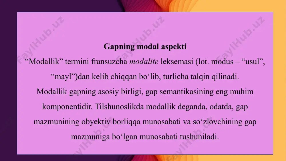 an sen yaxshimiding? 2 rost-a, men qizg‘a achinaman, bechora kelib-kelib kimniki bo‘ldi-ya!... 3 uch choynak choyning nima keragi bor edi? 4 shaharda otish bo‘lg‘an ekan, daydi o‘q tekgandur, yo armanilar otib ketkandur, - deb javob berdi 5 qatig‘ingiz qayerda? - qayerda bo‘lar edi, havlida. 6 ha, ivirsimay o‘lsin, qishloqi, - dedi u. – namozshom bo‘lganda bozordan qaytayotir… modallik predikativlikka nisabatan keng tushuncha predikativlik faqat gap sathi uchun xarakterli modallik gap bo‘lmagan qurilma (m-n, so‘z birikmasi) uchun ham xos masalan: predikativlik va modallik v.g.admoni modallikni ikkiga – gapga xos bo‘lgan modallik, so‘z birikmasiga xos modallikkka bo‘ladi. ikkinchidan, gap sathida qaralayotgan modallik predikativlikning tarkibiy elementidir. predikativlik gap orqali ifodalanadigan axborotning obyektiv reallikka munosabatini yoki so‘zlovchining gap mazmuniga munosabatini bildiradi. har ikki turdagi modallikda ham subyektivlik belgisi alohida o‘rin tutadi mantiqiy va grammatik modallik image2.jpg image3.png image4.png image5.png image6.png image7.png image8.png image9.png image10.jpeg image11.png image12.png image13.png image14.png image1.jpg