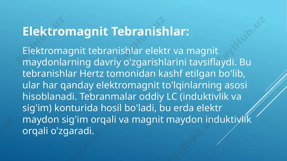i induksiya oqimi uyurma elektr maydonni, u esa, oʻz navbatida, uyurma magnit maydonni uygʻotadi. tarqalayotgan elektromagnit maydon elektromagnit toʻlqinlar deyiladi. elektromagnit toʻlqinlar koʻndalang toʻlqinlar boʻlib, vakuumda s=300000 km/s tezlik bilan tarqaladi. elektromagnit toʻlqinlar xossalariga u tarqalayotgan muhit sezilarli taʼsir koʻrsatadi. elektromagnit toʻlqinlar boshqa ixtiyoriy toʻlqinlar kabi sinishi, toʻla ichki qaytishi, dispersiya, interferensiya, difraksiya hodisalariga uchrashi mumkin. elektromagnit toʻlqinlarning barcha xususiyatlari, ularning uygʻonish va tarqalish qonunlari maksvell tenglamalari yordamida toʻla tavsiflanadi. ko‘rinadigan yorug‘lik: bizning ko‘zimiz ko‘radigan elektromagnit to‘lqinlar. ultrabinafsha nurlar: quyosh nurlari tarkibida bo‘lib, tibbiyot va biologik tadqiqotlarda qo‘llaniladi. rentgen nurlari: tibbiy diagnostikada qo‘llaniladi. gamma nurlar: eng qisqa to‘lqin uzunligiga ega bo‘lib, yuqori energiyali nurlar hisoblanadi. ular yadroviy reaksiyalar va radioaktiv moddalardan chiqadi. e'tiboringiz uchun rahmat!!! telegram:@toshpolatov_sarvarbek instagram:@mis_tersarvarbek image1.jfif image2.jfif image3.jfif image4.jfif image5.png image6.jfif image7.png image8.jfif image9.jfif /docprops/thumbnail.jpeg