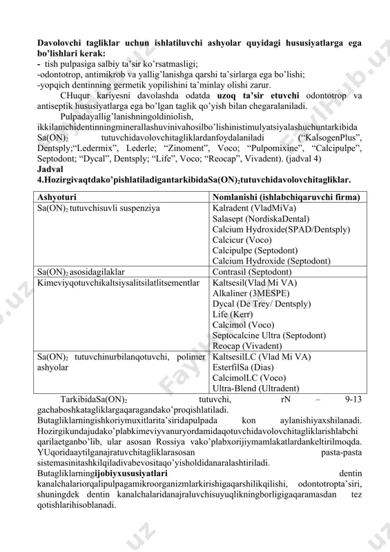 hi mumkin, bu esa oz navbatida xom ashyoni yakuniy kuritishdan so’ng mo’rt va sinuvchan bo’lib qolishi mumkin. suyuklikni ko’p qismi 8-10 s da bug’lanadi. charxlangan maydonni butun yuzasi bo’ylab 2-5 mkm qalinlikda lak qavati hosil bo’ladi. yuzani o’zi nam bo’lganligi uchun hamda lak gidrofob bo’lganligi uchun, lak butun yuzani qoplay olmaydi. bir qavatli xom ashyo faqat 55 % yuzani yopishi mumkin. shuning uchun qavatni 80 – 85 %i qoplash uchun ikki qavat lak surtiladi. ammo amalgama bilan bonding sistemalar kollanilishi sababli laklardan foydalanish 1990 yillar oxiriga borib sezilarli kiskardi. suspenziya shaklidagi tagliklar xuddi shunday effekt ko’rsatadi, lekin ular sekin quriydi va qalin qavat hosil qiladi. ularni qalinligi 20-25 mkm, laklar esa 2-5mkm ni xosil kiladi. ikkala taglik xam kupincha charxlash maydoni chetidan chiqib turadi. iloji boricha xom asheni ortikcha koyib yuborishdan saklanish kerak, lekin bu biroz qiyin. lekin ortiqcha xom ashyoni olib tashlash oson. tagliklardan foydalanishdan asosiy maksad – dentinni …