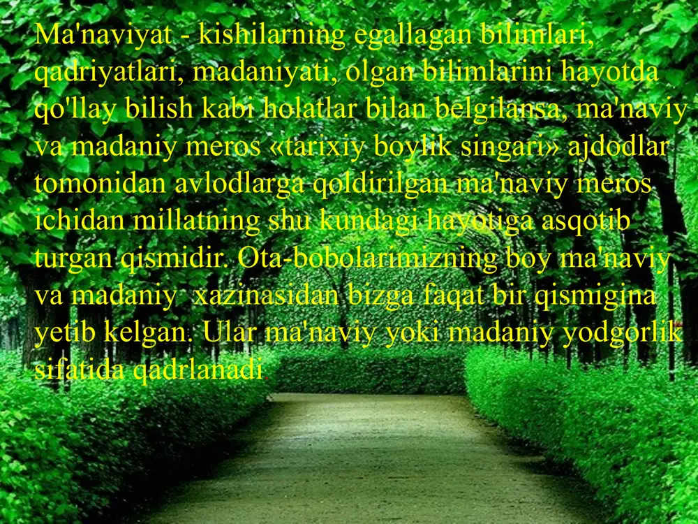 t respublikamizda, balki turli mamlakatlarda targ'ib qilishga qaratilgan. www.arxiv.uz moddiy va ma'naviy madaniyatimiz shu qadar ulkanki, merosimiz nafaqat o'z xalqimiz, balki yevropa, osiyo arab mamlakatlarini ham o'ziga jalb qilib, qiziqish uyg'otmoqda va bu umuminsoniy qadriyatlarga qo'shilgan salmoqli hissadir. x—xi asrlarda yevropa madaniyati hali uyg'onish pallasiga kirmagan paytdayoq bizning sharq madaniyat­imiz barcha jabhalarda yuqori cho'qqilarni zabt etdi. yaqin vaqtgacha barcha fanlar poydevori yunonlar tomonidan yaratilgan, degan qarash mavjud edi. aslida ular yaratgan ilm-fan, falsafaning poydevoriga bir necha asr oldin «avesto»da asos solingan. www.arxiv.uz ibn sino, al-farobiy, farg'oniy kabi ko'plab olimlarimizning asarlari lotin, qadimiy fransuz, italyan, ispan tillariga tarjima qilinib, tarjimalar xii—xiii asrlar, asosan, xiv asrdan boshlab yevropa ilm-fani, falsafasiga chuqur ta'sir ko'rsatdi. bu asarlarning ko'pchiligi parij milliy kutubxonasida hozirgacha saqlanadi. www.arxiv.uz e’tiboringiz uchun rahmat. www.arxiv.uz image2.emf image3.jpeg image4.jpeg image5.jpeg image6.jpeg image7.jpeg image8.jpeg image9.gif image10.jpeg image11.jpeg image12.jpeg image13.jpeg image14.jpeg image15.jpeg