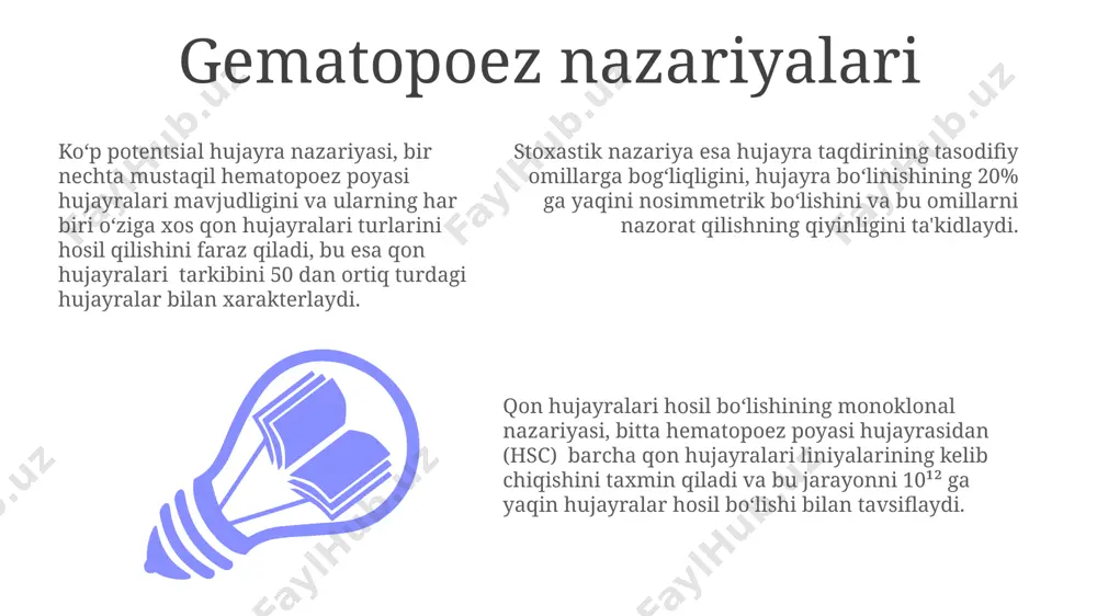 erensiatsiya qilish imkoniyatiga ega. limfopoez limfotsitlarning rivojlanishi suyak koʻmigʻida boshlanib, timus va limfa tugunlarida davom etadi, bu jarayon taxminan 2-4 hafta davom etadi va immunitet tizimining shakllanishi uchun muhim ahamiyatga ega. limfopoezning buzilishi, masalan, limfoma yoki leykemiya kabi kasalliklarga olib kelishi mumkin, bu jarayonda limfotsitlarning nazoratsiz koʻpayishi va differentsiatsiyasining buzilishi kuzatiladi. limfopoezda t hujayralari va b hujayralari kabi turli xil limfotsitlarning differentsiatsiyasi 10 dan ortiq bosqichdan iborat boʻlib, ularning har biri oʻziga xos sitokinlar va transkripsiya omillarining taʼsiriga bogʻliq. gematopoezning buzilishi gematopoezning buzilishi, masalan, aplastik anemiya, suyak ko'migining 20% dan kam hujayrali progenitörlari bilan tavsiflanadi va og'ir qon kasalliklariga olib keladi. gematopoez buzilishiga olib keluvchi 50 dan ortiq genetik mutatsiyalar aniqlangan bo'lib, ularning aksariyati transkripsiya omillariga ta'sir qiladi va hujayralar differensiatsiyasini buzadi. leykemiyalar kabi malign neoplazmalar gematopoezning tartibsiz ko'payishini va differentsiatsiyasini aks ettiradi, bu esa 10⁹ dan ortiq anormal hujayralarning paydo bo'lishiga olib keladi. gematopoezning neyrohumoral regulyatsiyasi gematopoezni neyrohumoral regulyatsiya …