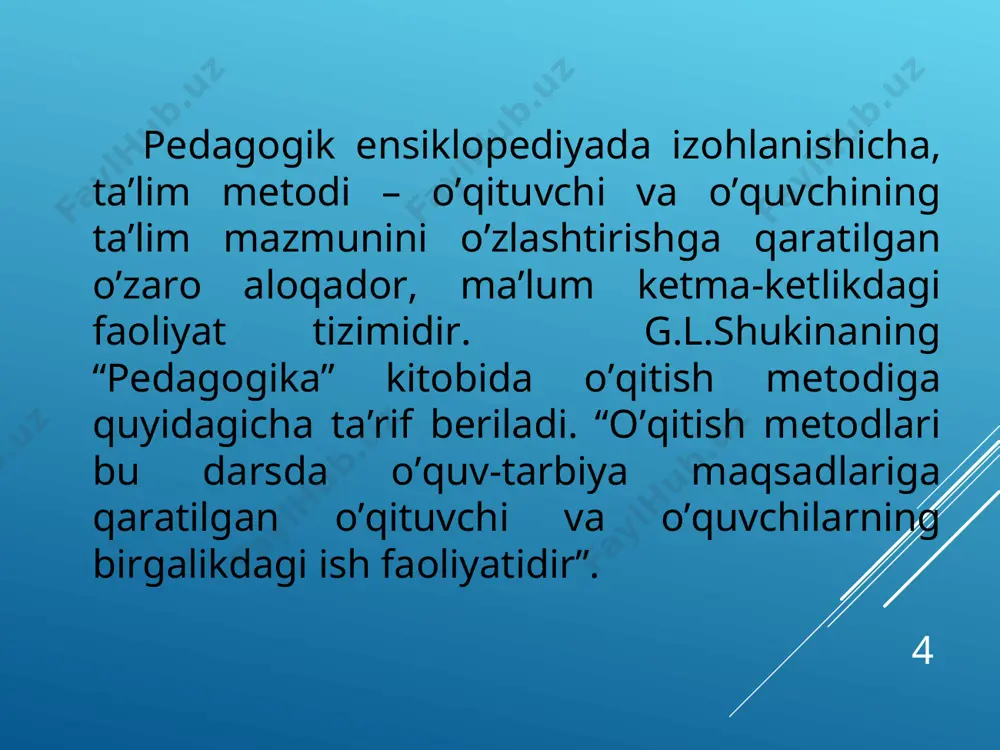 hlarini ta’minlaydi. masalan: qatorlarda bir kishidan vakil chaqirilib, ularga belgilangan savollar beriladi. 1 daqiqadan vaqt ajratilib, ballar aniqlanadi. * ushbu metod yordamida bir vaqtning o’zida 36 nafar o’quvchini muayyan faoliyatga jalb etish orqali ma’lum topshiriq yoki masalani hal etish, shuningdek, guruhlarning har bir a’zosi imkoniyatlarini aniqlash, ularning qarashlarini bilib olish mumkin. “6x6x6” metodi asosida tashkil etilayotgan mashg’ulotda har birida 6 nafardan ishtirokchi bo’lgan 6 ta guruh o’qituvchi tomonidan o’rtaga tashlangan muammo (masala)ni muhokama qiladi. belgilangan vaqt nihoyasiga yetgach, o’qituvchi 6 ta guruhni qayta tuzadi. qaytadan shakllangan guruhlarning har birida avvalgi 6 ta guruhdan bittadan vakil bo’ladi. yangi shakllangan guruh a’zolari o’z jamoadoshlariga avvalgi guruhi tomonidan muammo (masala) yechimi sifatida taqdim etilgan xulosani bayon etib boradilar va mazkur yechimlarni birgalikda muhokama qiladilar. * foydalanilgan adabiyotlar: 1) “metodika nachalnogo obucheniya matematiki” pod redak. l.n.skatkina, moskva, “prosveshenie”, 1972. 22-27-betlar. 2) m.a.bantova, g.v.beltyukova, a.m.polevshikova “boshlang'ich sinflarda matematika o'qitish metodikasi”. toshkent, o'qituvchi, 1983. 8-15-betlar. 3) …