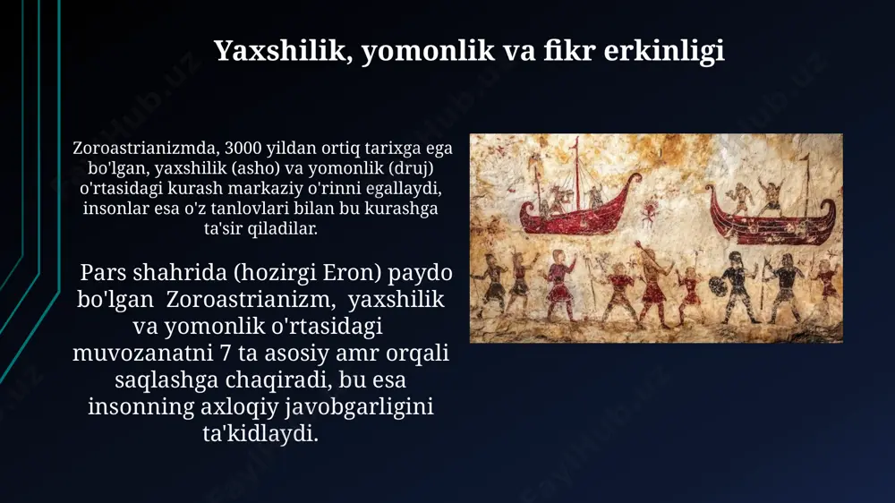 'lib, keyinchalik markaziy osiyo, hindiston (pariylar) va hatto bobil kabi hududlarga tarqaldi. zardushtiylikning tarqalishi savdo yo'llari orqali amalga oshirilgan bo'lib, taxminan 1 million ga yaqin izdoshlari hindistonda 1000 yildan ortiq davom etgan. zartoshtiylik merosini saqlash ўзбекистондаги қадимги заратуштрий қадамжолари, масалан, суғд ва бахтдаги маконлар, бу диннинг маданий меросини ўрганиш ва сақлаш учун бебаҳо манба ҳисобланади. заратуштрилик меросини сақлашда 3000 дан ортиқ йиллик тарихий матнлар ва 150 дан зиёд муқаддас обидалар, жумладан, яздаги оташхоналар, муҳим роль ўйнайди. e'tiboringiz uchun rahmat @taqdimot_robot image1.jpg image2.jpg image3.jpg image4.jpg image5.jpg image6.jpg image7.jpg image8.jpg image9.jpg image10.jpg image11.jpg image12.jpg image13.jpg image14.jpg image15.jpg image16.jpg image17.jpg