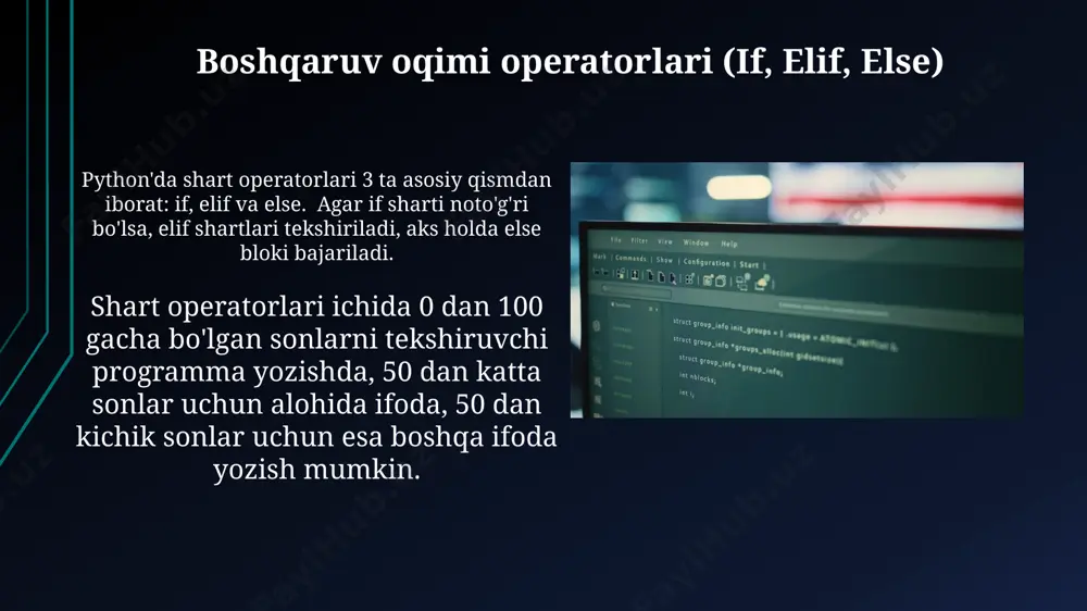 in. lug'atlardagi qiymatlar turli xil ma'lumot turlaridan (sonlar, matnlar, ro'yxatlar va boshqalar) iborat bo'lishi mumkin, bu esa ma'lumotlarni samarali tashkil etish imkonini beradi. klasslar va ob'ektlar klasslar obyektlarning shablonlari bo'lib, ularning xususiyatlari (attribute) va metodlarini (function) belgilaydi; masalan, "dog" klassi 4 ta oyoq va "bark()" metodi bilan ta'riflanishi mumkin. python'da klasslarni yaratish uchun "class" kalit so'zi ishlatiladi va obyektlar esa klass nomini chaqirish orqali yaratiladi; bunday obyektlar 1 yoki undan ortiq xususiyatlarga va metodlarga ega bo'lishi mumkin. ma'lumot tuzilmalari: ro'yxatlar ro'yxatlarning uzunligi len() funksiyasi yordamida aniqlanadi va append(), insert(), remove() kabi bir qator usullar yordamida ularni o'zgartirish mumkin. masalan, 5 ta elementli ro'yxatning uzunligi 5 ga teng bo'ladi. python ro'yxatlari o'zgaruvchan (mutable) bo'lib, 0 dan boshlanuvchi indekslar orqali 0 yoki undan ortiq elementlarni saqlashi mumkin. ular turli xil ma'lumot turlariga ega elementlarni o'z ichiga olishi mumkin. e'tiboringiz uchun rahmat @taqdimot_robot image1.jpg image2.jpg image3.jpg image4.jpg image5.jpg image6.jpg image7.jpg image8.jpg image9.jpg image10.jpg …