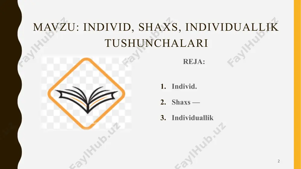 hatidan tadqiqot manbaiga aylanishi mumkin 7 shaxs, mohiyatiga koʻra, madaniylashgan, ong, aql orqali faoliyatini boshqarish imkoniyatiga ega boʻlgan, turmush tarzi va tajribaga asoslangan muayyan avlodlar vakili. shaxs fenomeni inson olamining butun murakkabliklarini oʻzida mujassam etadi. uni har tomonlama oʻrganish maqsadida turli davrlarda tadqiqot olib borilgan. ayniqsa, sharqda u yuksak axloqiy-maʼnaviy meʼyorlar orqali tushunilgan va oliy xilqat, bebaho qadriyat deb hisoblangan. inson shaxs sifatida komillikka intiladi, hayot mazmunini boyitadi, shu asosda kishilik jamiyatining goʻzal va farovon boʻlishiga ehtiyoj sezadi. 8 shaxsning hayot tarzi bevosita jamiyat hayotiga daxldor va hayot neʼmatlaridan toʻla foydalanishga haqli. shaxs tushunchasi inson tushunchasining yuksak koʻrinishi, oliy maqomidir. har qanday odam tabiiy mavjudligi, yashash huquqi va hayot qadriyatiga ega boʻlgan jonzotdir. shaxsning eng muhim jihat – bu uning individualligidir. 9 individuallik – muayyan narsa va hodisa, shaxs va jonivorning oʻzigagina xos, betakror, xususiy belgilar. belgi sifatlarining oʻziga xosligi bilan individuallik umumiylikka (individ esa umumga) qarama-qarshi qoʻyiladi. dastlab, individuallik …