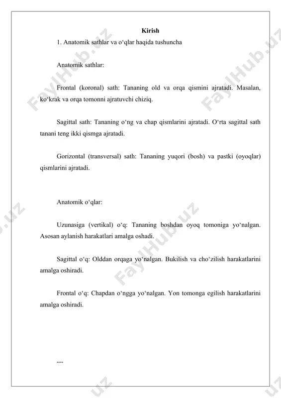 k suyak): rudimentar qism. harakati: bukilish, cho‘zilish, yon tomonga egilish va aylanish harakatlarini bajaradi. --- 4. bo‘yin umurtqasi tuzilishi va xususiyatlari bo‘yin umurtqalari (c1-c7): atlas (c1): boshni ushlab turadi, tanasi yo‘q. axis (c2): tishsimon chiqindisi bilan boshning aylanish harakatlarini ta'minlaydi. xususiyatlari: yengil, umurtqa teshigi yirik, yuqori harakatchanlikka ega. --- 5. ko‘krak umurtqalari tuzilishi va xususiyatlari ko‘krak umurtqalari (t1-t12): qovurg‘alar bilan birikadi, ko‘krak qafasini tashkil qiladi. tanasi katta va qalin, orqa tomon o‘q qilingan. harakatchanlik chegaralangan. --- 6. bel umurtqalari tuzilishi va xususiyatlari bel umurtqalari (l1-l5): katta va qalin tanasi bor. qattiq yuklarni ko‘tarishda ishtirok etadi. orqa qismi keng va yassi, mushaklar birikadi. --- 7. dumg‘aza suyagini tuzilishi dumg‘aza suyaklari: 5 ta umurtqadan iborat bo‘lib, ular birlashgan. chanoq suyaklari bilan birikib tana vaznini oyoqlarga uzatadi. --- 8. qo‘l kamar suyaklari tuzilishi qo‘l kamar suyaklari: kurak (scapula): yelka bo‘g‘inini tashkil qiladi, uchburchak shaklga ega. klavikula (so‘ngak): yelka va ko‘krakni birlashtiradi. --- 9. …