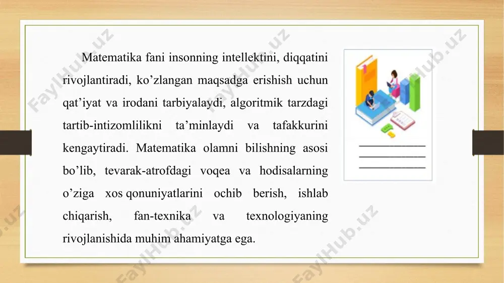 parametrlari, mazkur ta’lim sohasining modernizatsiyalashtirilishi, shu mazmunning tarkibiy qismlari, ta ‘lim jarayonining vosita va metodlari hamda umumpedagogik, psixologik, texnologik tizimi va darajasini aniqlab berishga xizmat qiladi. bunda butun e’tibor boshlang’ich ta’lim berishning maqsadi yuzasidan butunlik, uzviylik, tadrijiylik va to’laqonlilikni saqlab qolishga qaratiladi. darslik matematika o’qitishda o’quv jarayonini ta’minlashning asosiy vositasi bo’lib xizmat qiladi va davlat dasturiga to’la mos qilib tuzilgan bo’ladi. darslik o’qituvchiga o’z ishini ratsional rejalashtirishga yordam beradi, chunki u har qaysi mavzuning o’quv materialini mustahkamlashni yoritgan bo’ladi, materialni o’rganish uchun tayyorgarlikni o’z vaqtida ta’minlaydi, shuningdek, ilgari o’tilgan materialni tizimli ravishda va uzluksiz mustahkamlash va takrorlashning manbaidir. shunday qilib, boshlang’ich sinf matematika kursining tuzilish tizimi darslik bilan dasturning uzviy bog’liqligi asosida tuzilgan. shuningdek, darslik dasturdagi tushuntirish xatida bayon qilingan asosiy metodik ko’rsatmalarni ochadi. darslik o’qitish jarayonida nazariya va amaliyotning o’zaro aloqadorlik talabini yoritishning aniq yo’llarini ko’rsatib beradi. boshlang’ich sinf matematikasi i-iv sinf uchun mo’ljallangan darsliklarda berilgan bo’lib, unga maqsadga …