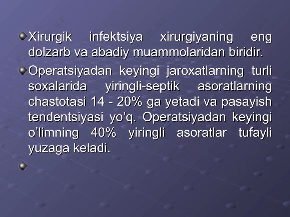 ing tarqalish yoʼllari boʼlib hisoblanadi: limfogen gematogen per continuitatem per contiguitatem yiring yigʼilishini aniqlash flyuktuatsiya yoki taʼsirlanish simptomi diagnostik punktsiya utt rentgenologik tekshirish kt va mrt oʼtkir yiringli patologiyaning mahalliy asoratlari: limfangit limfadenit tromboflebit (pileflebit) teri va boshqa toʼqimalarning nekrozi tomirlar arroziyasi va qon ketish piopnevmotoraks organlar perforatsiyasi davolash printsiplari mahalliy davo yiringli oʼchoqni ochish (nekrotik toʼqimalarni kesish, yiringli karmanlar va qoʼshimcha boʼshliqlarni ochish) аbstsess boʼshligʼini ulьtratovushli, lazerli kavitatsiya, pulьsatsiyalanuvchi oqimi taʼsirida antiseptik bilan yuvish аbstsessni yetarli darajada drenajlash yara jarayonining bosqichiga qarab, antiseptik vositalardan mahalliy foydalanish, immobilizatsiya umumiy davolash аntibakterial terapiya а) empirik b) maqsadga muvofiq (bak.ekma natijasi va sezuvchanlikni aniqlashdan soʼng ) - peroral - mushak ichiga - vena ichiga - arteriiya ichiga -boʼshliqqa - suyak ichiga - endolimfatik 2. detoksikatsion terapiya - boshqariladigan gemodilyutsiya - ekstrakorporal detoksikatsiya a) gemosorbtsiya b) plazmosorbtsiya v) limfosorbtsiya g) ksenoselezinka d) plazmaferez - koʼkrak limfa tomirini drenajlash - qonni elektroximik tozalash - …