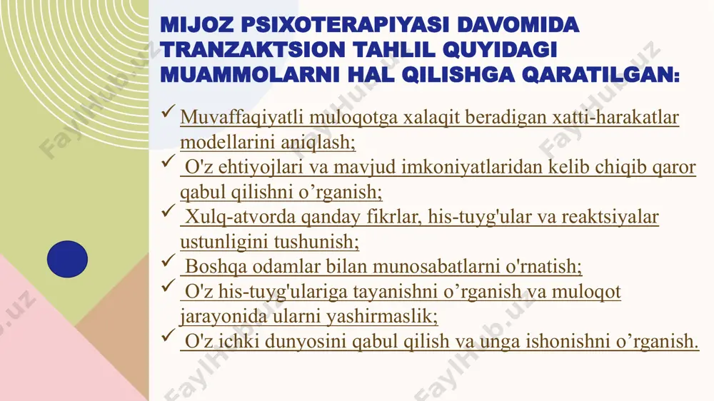 jarayonni nazorat qiladi va natijani kuzatib boradi, nima qilish kerakligini eslatadi. u vaziyatga qarab tanqid qilishi yoki maqtashi mumkin. ammo ko'pincha odamda bu holatlardan biri dominant bo'lib chiqadi - odatda bu bola yoki ota-ona holatidir. shunda odam yo "abadiy bola"ga aylanadi, jabrlanuvchi maqomida bo'ladi, hammaning e'tiborini va himoyasini talab qiladi yoki nazorat qiluvchi, tanlab oluvchi, talabchan (noo'rin) shaxsga aylanadi. eng yaxshi narsa, bu pozitsiyalarni muvozanatlash va har birini kerak bo'lgan joyda ishlatishdir . * bola, ota-ona va kattalar muloqotda qanday namoyon bo'ladilar? erik bern " tranzaktsiyalar " tushunchasini kiritdi (shundan "tranzaksiya tahlili" yo'nalishi nomi shakllangan). tranzaksiya orqali u ikkita iboradan iborat qisqa dialogni, ogohlantiruvchi va javobdan iborat bo'lgan aloqa birligini tushundi . masalan: - ishlaring qalay? ( stimul - rag'batlantirish ) hammasi yaxshi, siznikichi? ( reaktsiya ) tranzaktsiyalar paytida bizning ego holatimiz sherigimizning ego holati bilan o'zaro ta'sir qiladi. bu uyg'un yoki uyg'un bo'lmagan jarayon bo'lishi mumkin. bern tranzaktsiyalarning 3 …