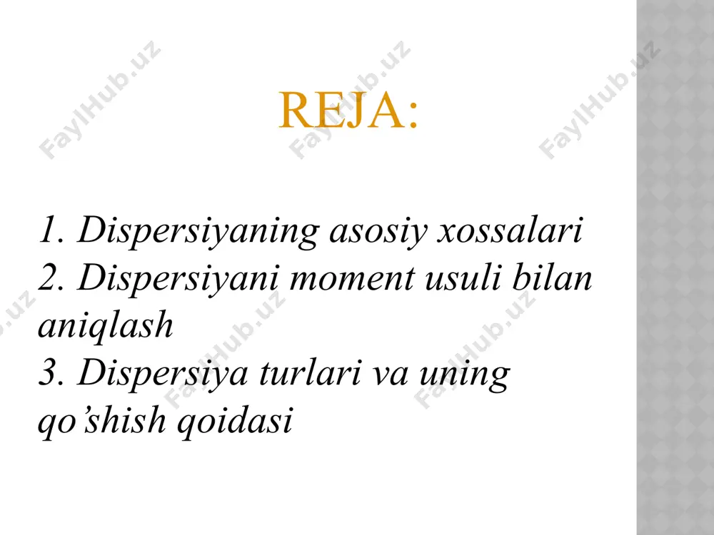 aganlar uchun esa «0» (nol) deb ifodalanadi. umumiy to`plamda alternativ belgi kuzatilgan birliklar salmog`i «r», kuzatilmaganlari esa «q» orqali belgilanadi, ularning yig`indisi birga teng, ya`ni p+q=1 . pqp ff ff f xf x       01 01 01 01 demak, alternativ belgining o`rtacha qiymati unga ega bo`lgan birliklarning to`plamdagi salmog`iga tengdir. bu belgi uchun dispersiya pqppppppp qppppqppppqpppdxx f fxx p        )1(2 )(22)0()1()( )( 222 22232222 2 2  demak, pq p  2  (8.8) alternativ belgi dispersiyasining maksimal qiymati pq=0,5∙0,5=0,25 teng. variatsiyani o`rganish uchun quyidagi dispersiya turlari hisoblanadi va tahlil qilinadi. salmoqning ichki guruhiy dispersiyasi iiiip qppp  )1( 2  (8.9) ichki guruhiy dispersiyalardan o`rtacha dispersiya  pii iii i iiiii i pp pqf f ppdpq 2 2 1 1        () ( ) (8.9a) guruhlararo dispersiya     …