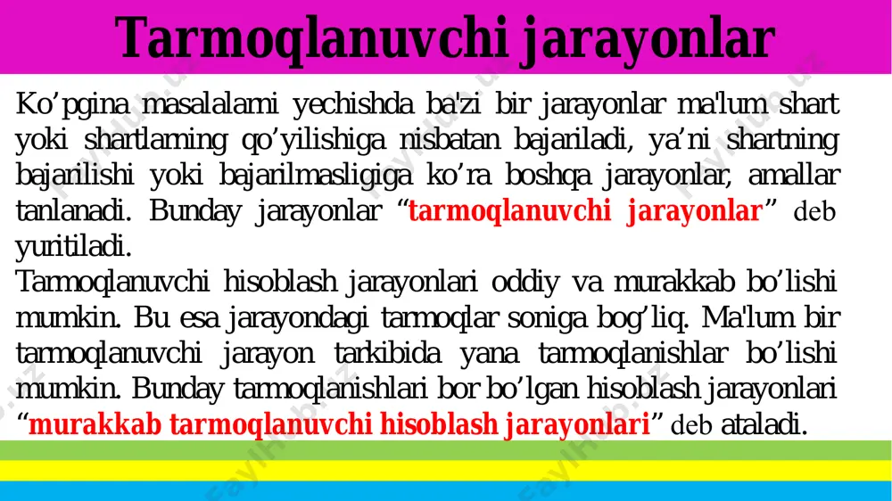 dasturda murakkab mantiqiy ifodalar(shartlar) quyidagicha yoziladi: 1 1) && (x =6) && (x 0) d=sqrt (u); else d=u; shartli opеratorda u>0 bo’lsa d=sqrt (u) opеratori, aks holda d=u opеratori bajariladi. shartli o’tish opеratori ayrim algoritmlarda ba'zan shunday hol uchrashi mumkinki, bunda hisoblash jarayonida ayrim amallar ba'zi bir shartlar bajarilgandagina hisoblanadi; aks holda, hеch qanday amal bajarilmaydi. bu holda shartli o’tish opеratorini qisqa ko’rinishda ifodalash mumkin. uning yozilishi quyidagicha: if ( ) ; opеratorning bajarilish tartibi quyidagicha: agar mantiqiy ifoda true (rost) qiymat qabul qilsa, opеrator bajariladi, aks holda if dan kеyingi turgan opеrator bajariladi. tanlash opеratori tanlash opеratorining umumiy ko’rinishi: switch (ifoda yoki o’zgaruvchi) { case : ; break; case : ; break; ………………………………………… case : ; break; default : ; } tanlash opеratori switch(baho) {case 2 : label1->caption=“yomon”; break; case 3 : label1->caption=“o’rta”; break; case 4 : label1->caption=“yaxshi”; break; case 5 : label1->caption=“a’lo”; break; default : label1->caption=“baho noto’g’ri kiritilgan”; …
