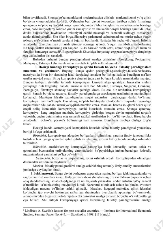 shlar ham rag’batlantiruvchi, ham shaxsni korruptsiyaviy harakatlarni sodir etishga undash uchun imkoniyat yaratadigan sharoitlarni minimallashtirish yoki yo’q qilish istagiga asoslangan bo’lishi kerak"[footnoteref:1],– degan g’oyaga asoslanadi. bu paradigmada: birinchidan, mansabdor shaxslarning harakatlarini tartibga solish; ikkinchidan, byurokratik protseduralarni soddalashtirish; uchinchidan, yuksak axloqiy-ma’naviy me’yorlarga rioya qilish ustidan qat’iy nazoratni kuchaytirish masalasi ilgarilgan edi. [1: vsiop — singapurskaya strategiya borbы s korruptsiey (nedostupnaya ssыlka). data obraщeniya: 25 sentyabrya 2006. arxivirovano 29 aprelya 2005 goda. ] 1965 yilda mustaqillik davrida singapur korruptsiya darajasi yuqori bo’lgan mamlakat edi. undan qutilish uchun qonunchilik kuchaytirildi, sud hokimiyatining mustaqilligi oshirildi (yuqori ish haqi va sudyalarning imtiyozli maqomi bilan), pora bergani yoki korruptsiyaga qarshi tergovda qatnashishdan bosh tortganligi uchun iqtisodiy sanktsiyalar joriy etildi va bojxona xodimlari va boshqa davlat xizmatlarini to’liq ishdan bo’shatishgacha qattiq choralar ko’rildi. bu iqtisodiyotni tartibga solish, mansabdor shaxslarning ish haqini oshirish va ma’muriy kadrlarni tayyorlash bilan birlashtirildi. korruptsiya holatlarini tergov qiluvchi avtonom byuro tuzildi va u …