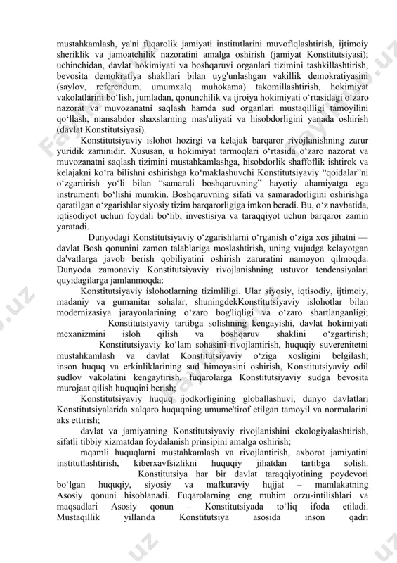 yilgi konstitutsiyasi ham davlatimizning hozirgi zamon maqomiga, alalxusus, shaxs bilan davlat va jamiyat o‘rtasidagi o‘zaro munosabatlarning xalqaro huquq talab va me'yorlariga javob bermay qo‘ygan edi. shuning uchun ham 1990 yilning iyunida respublika oliy kengashining ikkinchi sessiyasida yangi asosiy qonun loyihasini tayyorlash uchun 64 kishidan iborat konstitutsiyaviy komissiya tuzildi. bir yarim yil mobaynida bu loyiha ustida ishlar olib borildi. 1992 yil 8 dekabrda oliy kengashning o‘n ikkinchi chaqiriq 11-sessiyasida mustaqil o‘zbekiston respublikasining konstitutsiyasi qabul qilindi. konstitutsiya 6 bo‘lim, 26 bob va 128 moddadan iborat qilib belgilandi. o‘tgan davr mobaynida mamlakatimiz parlamenti konstitutsiya normalariga muvofiq 750 dan ortiq qonunlarni qabul qildi, 200 dan ortiq ko‘p tomonlama xalqaro shartnomani ratifikasiya qildi va shu tariqa asosiy qonunimizni amalga oshirishning yaxlit huquqiy mexanizmi yaratildi. o‘zbekiston respublikasida konstitusiyaviy islohotlar tushunchasi, zarurati va ahamiyati bugungi kunda dunyoda 500 dan ortiq amaldagi konstitutsiya bo‘lib, ulardan 200 ga yaqini mustaqil davlatlar, 300 dan ortig‘i federasiyalar subyektlariga tegishli. shu bilan …