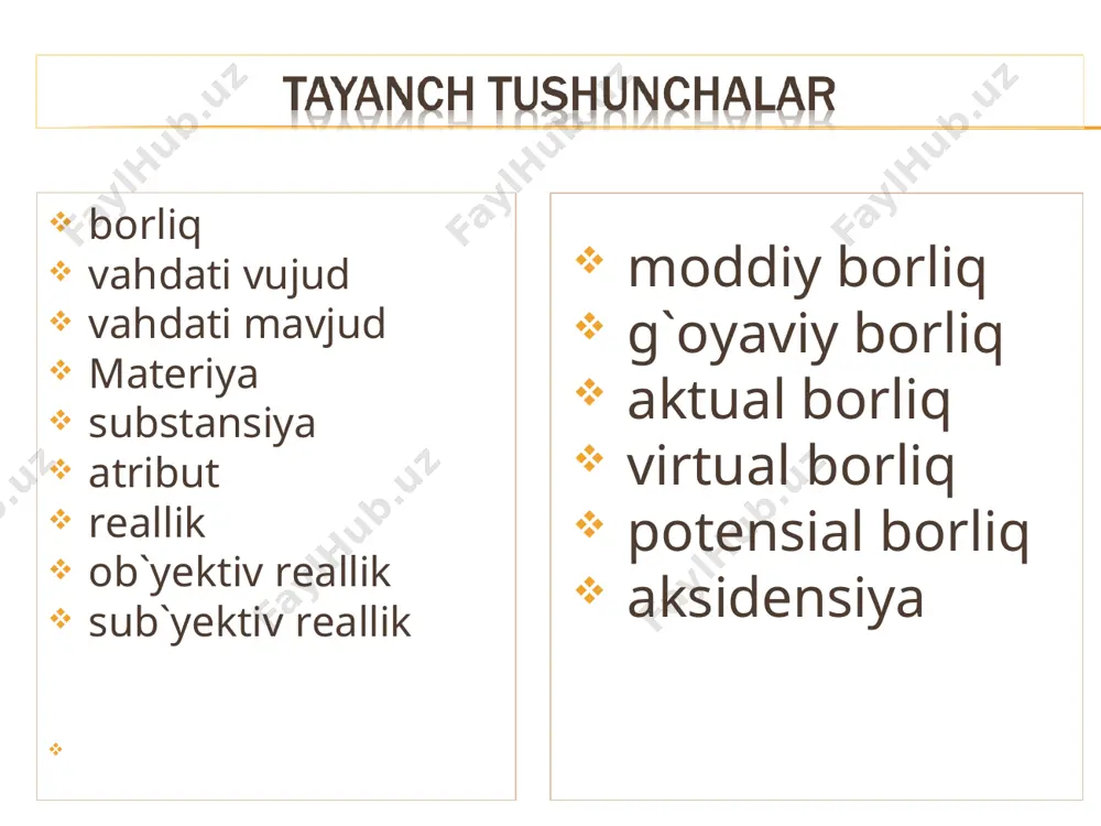 qda, bolishi ham, bo`lmasligi ham mumkin bo`lgan, extimoliy mazmunga ega bo`lgan borliq. borliq to’g’risidagi qarashlar haqida qisqa xulosalar parmenid - (mil.av vi asrning 2-yarmi v asr boshlari) borliq - olamning markazida turuvchi harakatsiz ulkan shar. platon - (mil. av. taxm. 427-347-yillar) “goyalar dunyosi” va “soyalar dunyosi” ta’limoti. aristotel - (mil. av. taxm 384-322-yillar) borliq - bu moddiy narsalarning obyektiv mavjudligi. u empirizm ontologiyasini yaratdi demokrit - (mil.av. taxm 460-370- yillar) borliq- atomlar majmuidan iborat. abu nasr forobiy - (873-950-yillar) borliq - yagona. u ikki shaklda namoyon bo’ladi: vahdati-vujud, vahdati-mavjud. borliq 6 bosqichdan iborat. 1, sababi avval – xudo.2, sababi soniy- samoviy jismlar borligi 3, faol aql 4, an nafs.- jon 5, as-surat shakl 6. al modda abu rayhon beruniy - (973-1048-yillar) borliq hamma narsaning asosida yotadi. ingliz olimi jorj berkli - (1684-1753-yillar) va david yum - (1711-1771-yillar) nemis faylasufi vilgelm gegel (1770-1831-yillar) borliq - sezgilar majmuasi. borliq - “mutlaq ruh” …