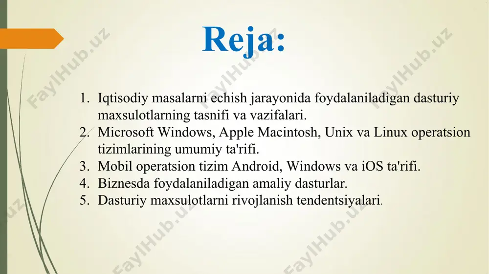 lma oʼrtasidagi muloqotni taʼminlab beradigan vositadir. operatsion tizimlardan eng taniqlilari bu microsoft firmasining ms-dos, windows operatsion tizimlari, apple firmasining macintosh – macos operatsion tizimi, unix va linux operatsion tizimlari. operatsion tizimlarning asosiy vazifalariga: fayl tizimini boshqarish (yozish, o’zgartish, fayllardan nusxa ko’chirish, erkin foydalanishni nazorat qilish); dasturlar bajarilishini boshqarish(protsessor vaqtini taqsimlash, dasturlarni diskdan tezkor xotiraga yuklash, yashirin xavfli ta`sirni tutib olish va h.q.); xotirani boshqarish (keshlash, taqsimlash, ma`lumotlar butligi nazorati va h.k.); foydalanuvchi bilan muloqot (klaviaturadan, sichqonchadan buyruqlarni o’qish, axborotni ekranga, printerga chiqarish va h.k.)kiradi. operatsion tizim funksiyalari. operatsion tizim (ot) tushunchasi qisqacha izohlanadigan bo‘lsa, bu boshqaruv dasturidir. os bu kompyuterning fizik va dasturiy resurslarini taqsimlash va ularni boshqarish uchun ishlatiladigan dastur. kompyuter resurslari ikki xil: fizik va dasturiy resurslarga bo'linadi. fizik resurslarga: xotira; vinchester; monitor; tashqi qurilmalar; va shu kabilar kiradi. dasturiy resurslar bu: kiritish va chiqarishni boshqaruvchi dasturlar; kompyuter ishlashini ta’minlaydigan boshqaruvchi dasturlar; berilganlarni tahlil qiluvchi dasturlar; drayverlar; virtual …