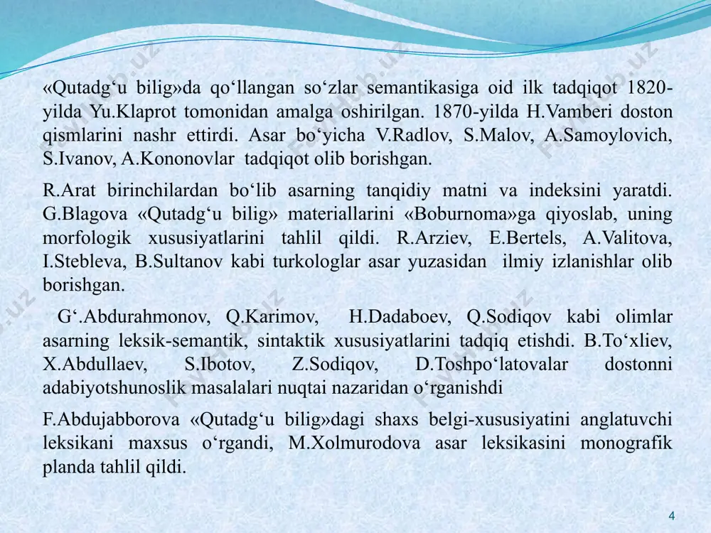 lgan yodnomlarda uchramaydigan leksik birliklar mavjud: qopdaq «baxil, qizg‘anchiq; ochko‘z», qoquz «bo‘sh, xoli; oz, kam», köksä= «ko‘kka, osmonga ko‘tarilmoq», uluğ kün– «qiyomat», qara yüz – «xizmatkor» va hokazo. yusuf xos hojib omonim, sinonim va antonimlardan ham unumli foydalangan: at (zoonim) - at (ism) - at (otmoq); ačïğ (achchiq) - ačïğ (toza), qïz (inson) - qïz (qimmatbaho) kabi omonimlar, yaruq - qaraqu, xuš//yaxši - yaman, yumšaq - qatïğ, ačïğ - tatïğ; bedük – qodu, učmah (jannat) - tamuğ (do‘zax) kabi antonimlar, ačïğ süčüg, sevinč – qaš yazmaq, ič söz – sir, tabassum qilmaq – köz yazmaq kabi sinonimlarni uchratish mumkin. 9 dostonda sanskrit, so‘g‘d, arab va fors-tojik tillaridan o‘zlash- gan leksemalar ham ko‘zga tashlanadi: čurnï «surgi dori», sart «savdogar»; ačun «olam, dunyo», bağ «bog‘», uštmah «jannat»; mašriq, kitāb, laqab, ayb, firāq; dušman, āzād, fanā, pandnāma singari. umuman, «qutadg‘u bilig» asari xi asr qabila tillarini birlashtirish va rivojlantirishga katta hissa bo‘lib qo‘shildi. …