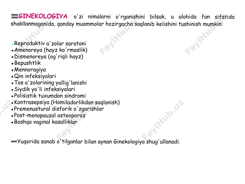 ntezlaydi. tuxumdonning rudiment ortiqlari 1) epoophoron • mesosalpinx ning lateral qismida joylashgan • ductuli epoophari transversi dan tuzilgan • ko’r tomoni – hilum ovarii ga qaragan • ochiq tomoni – ductus epoophari longitudinalis ga ochilgan 2) paraophoron • mesosalpinx da joylashgan • bir qancha ko’r kanalchalardan iborat 3) appendices vesiculosae • ichida tiniq suyuqlik bo’lgan pufakchalar • tuba uterina ostida tuxumdondan lateralroq joylashgan uterus • yunoncha – metra, hystera • toq, ichi bo’sh, muskulli a’zo • funksiyasi: - menstruatsiya (tuxum hujayra yetilishi) - urug’langan tuxum hujayraning bachadon shilliq pardasiga implantatsiyasi - embrionning rivojlanishi - tug’ishga yordam berish golotopiya: kichik chanoq bo’shlig’ida joylashgan skeletotopiya: s2-s4 sohada joylashgan sintopiya: • oldinda – siydik pufagi • orqada – rectum • yonda – bachadon ortig’i • yuqorida – ingichka ichak • pastda – qin makroskopik tuzilishi 1. qismlari:  fundus uteri – do’ng qism  corpus uteri – asosiy qism  isthmus uteri – …