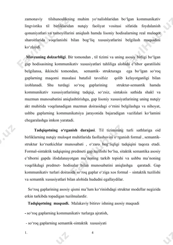 atini voqelantiruvchi omillar va ularning tematik bo‘linishlari tahlil qilingan. o‘rganilayotgan mavzuning muammoligini asoslash: so‘roq gaplarning qullanish jarayoninidagi o‘rnini aniqlash, kommunikativ turdagi gaplarning klassifikatsiyalash muammolarini o’rganib chiqish‚ so‘roq gaplarning o‘rganilish holati yoritish‚ so‘roq gaplar tushunchasini ta’riflash‚ so‘roq gaplarning turlarini ajratilib ko‘rsatish‚ ularning struktur-semantik xususiyatlari aniqlanadi, olmoshli so‘roq gaplarning tasnifiy belgilarini aniqlash va ta’riflash. tadqiqiy metodlari. qo‘yilgan vazifalarni hal etishda ma’lum ko‘rinishdagi tadqiq metodlaridan foydalanildi, jumladan: 1) so‘roq gaplarning kommunikativ turlariga ajratish hamda ularning tasnifiy belgilarini aniqlashda tavsiflash metodidan foydalanildi; 2) so‘roq gaplarning struktur-semantik xususiyatlarini aniqlash va guruxlarga ajratish. umuman olganda, bitiruv ishda to‘plangan materialni tahlil qilish asosida til birliklarining nutqiy faollashuvi qonuniyatlarini aniqlashni nazarga tutadigan induktiv- deduktiv yondashuv metodi asos qilib olingan. tadqiqotning metodologik asoslarini o‘zbekiston rspublikasi prezidenti shakat murziyoyevning , ta’lim mazmuni siftini takomillashtirishga doir prezident farmonlari, hukumat qarorlari bu ishda talqin qiladi. bundan tashqari, jahon tilshunoslari a.a.leont’ev, yu.s.stepanov, hamda o‘zbek tilshunoslari a.a.abduazizov, d.u.ashurova, sh.safarov, n.mahmudov, a.nurmanov, m.hakimov, m.q.yusupov, s.rahimov …