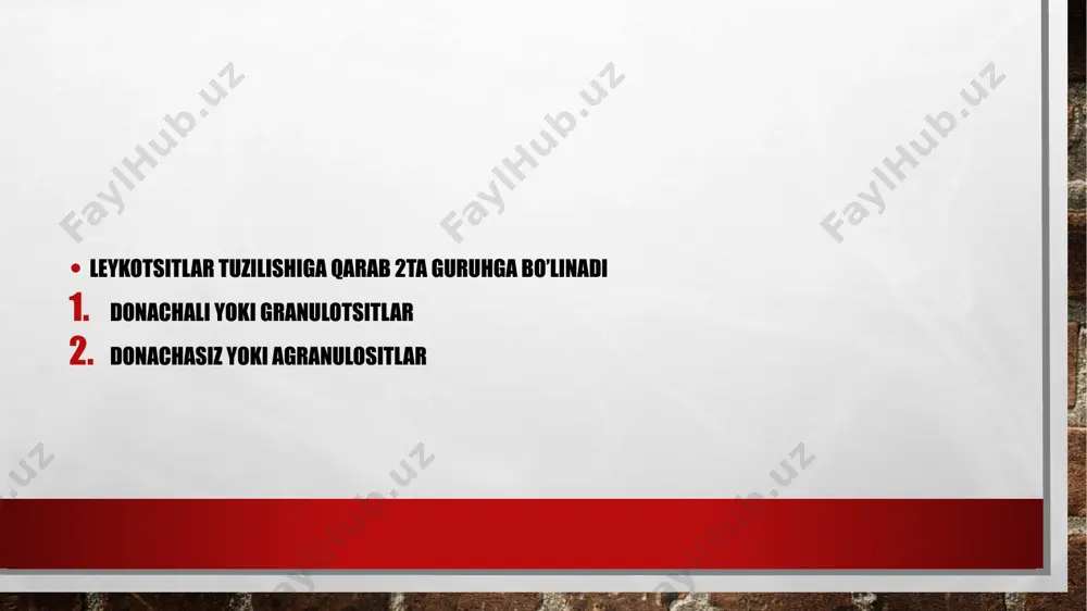 r bir bosqichda ular ko'proq farqlanadi va aniqroq funktsiyalarni bajarish uchun mo'ljallangan. barcha bosqichlar va ularning 9 tagacha bo'lishi mumkin, suyak iligida sodir bo'ladi. istisno limfotsitlardir. to'liq "o'sish" uchun ular limfoid organlarda etuk bo'lishi kerak. leykotsitlar hosil bo'ladigan joylar leykotsitlar suyak iligida to'planadi va yallig'lanish jarayonida ular qon oqimiga kirib, patologik markazga etib boradi. maqsadlarini bajargandan so'ng, hujayralar o'ladi va suyak iligi yangilarini hosil qiladi. odatda, tananing barcha leykotsitlar zahiralarining faqat kichik bir qismi qon oqimida suzadi (2% gacha). yallig'lanish jarayonida barcha hujayralar uning lokalizatsiya joyiga shoshilishadi. bunday favqulodda to'lqinlar uchun neytrofillar zahiralari qon tomirlarining devorlarida joylashgan. aynan shu depo tananing yallig'lanishga tezda javob berishiga imkon beradi e’tiboringiz uchun rahmat 021-67 guruh talabasi eshmurodova sevara 👩‍⚕️ image3.jpg image4.jpeg image5.jpeg