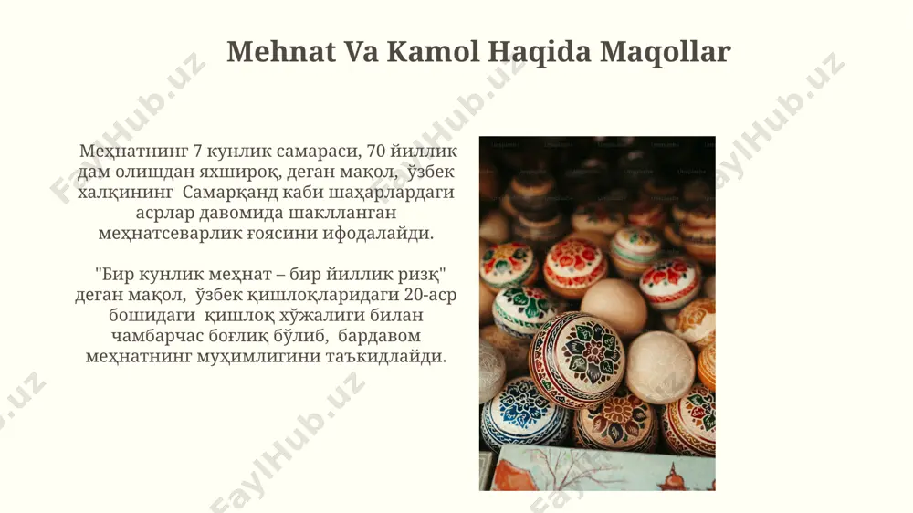 r "el birligi – yurt birligi" degan maqol, 1991 yildan beri mustaqil o'zbekiston davlatining milliy birdamlik va taraqqiyot konsepsiyasining asosiy tamoyillarini 30 dan ortiq turli sohalarda qo'llaniladi. "inson – inson uchun" tamoyili aks etgan maqollar samarqand va buxoro kabi qadimgi shaharlarning madaniy merosi sifatida 500 dan ortiq hikmatli misollarda uchraydi. yaxshilik va yomonlik haqida maqollar самарқанддаги қадимий мақоллардан бирида "яхшиликнинг изи қолади, ёмонликнинг эса 1та тараққиёти йўқ" деб айтилади, бу 3та муҳим тушунчани ўз ичига олади: амал, натижа ва вақт ўтиши билан боғлиқликни. марғилондаги боболаримиз "яхшиликка яхшилик, ёмонликка сабр" деган мақолни авлоддан-авлодга ўргатиб келишган, бу 2та муносабатнинг мувозанатини ва ҳаётдаги ҳар хил вазиятларга муносабатни англатади. adolat va adolatsizlik haqida maqollar adolatsizlikka qarshi kurash haqida 20 dan ortiq maqol samarqand va buxoro viloyatlarining 15-asr yozma manbalarida uchraydi, bu adolat tushunchasining qadimiy ekanligini ko'rsatadi. “kim adolatli, kim adolatsiz” degan savolga javob beradigan 5 ta maqol, 18-asrda yashab ijod qilgan mashrabning she’rlarida ramziy …