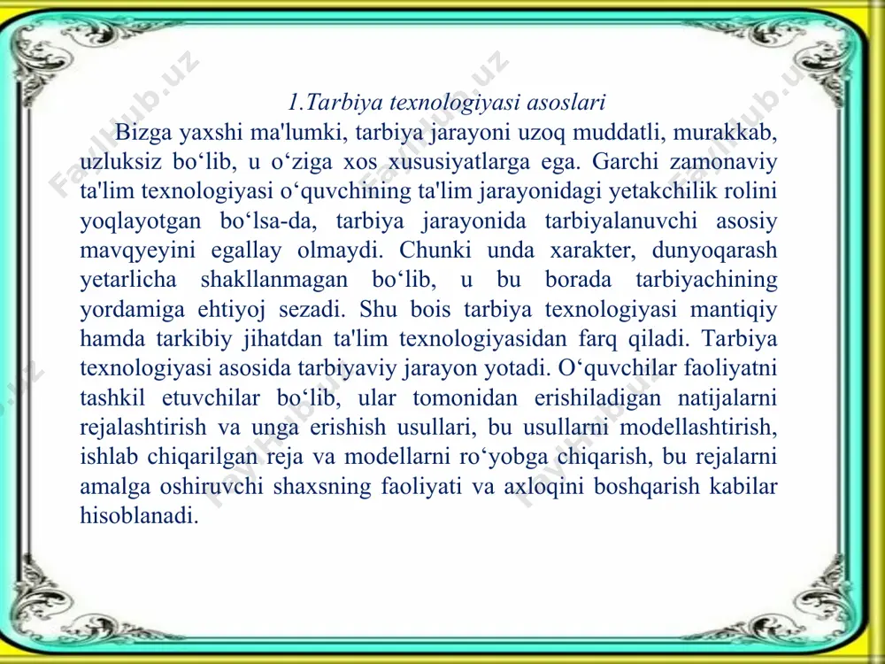 anday tashkil etilib, o’tkazilishidan qat’iy nazar quyidagilarni ta'minlashni ko’zda tutadi: pеdagogik jarayon samaradorligi va sifatini oshirish; - pеdagogik jarayon ishtirokchilari orasida ongli muloqot va munosabatlarni qaror toptirish; - o’quvchilar tomonidan bilim, ish-harakat usullari va shaxsiy fazilatlarni har tomonlama mukammal o’zlashtirilishini ta'minlash; - o’quvchilarda ongli faol, mustaqil, ijodiy fikrlash va hatti-harakatlarni bajarish ko’nikmalarini shakllantirish; - o’quvchilarning o’z imkoniyatlarini ro’yobga chiqarishlari uchun shart-sharoitlar yaratish; - dеmokratik va insonparvarlik g’oyalariga amal qilish kabilar. yuqorida zikr etilganlarga ko’ra "pеdagogik (ta'lim) tеxnologiya"si ta'lim-tarbiya va shaxsni rivojlantirish jarayonlarini maqbullashtirish maqsadida inson va tеxnika imkoniyatlari hamda ularning o’zaro ta'sirini hisobga olib, o’quvchilarda bilim, ish-harakat usullari va ijodiy shaxsiy fazilatlarni shakllantirish va rivojlantirishni ko’zda tutuvchi loyihalashtirish, tatbiq etish (amalga oshirish), natijalarni maqsad bilan qiyoslab kеrakli tuzatishlarni kiritish bosqichlarini o’zida mujassamlashtiruvchi tizimdir. x.avliyoqulov yuqorida zikr etilgan ta'lim tеxnologiyalari mohiyati va mazmunini chizma tarzida ifodalashga harakat qilgan. biz uning ishidan ba'zi bir lavha kеltirish bilan chеgaralanamiz. muallif taklif etgan bu …