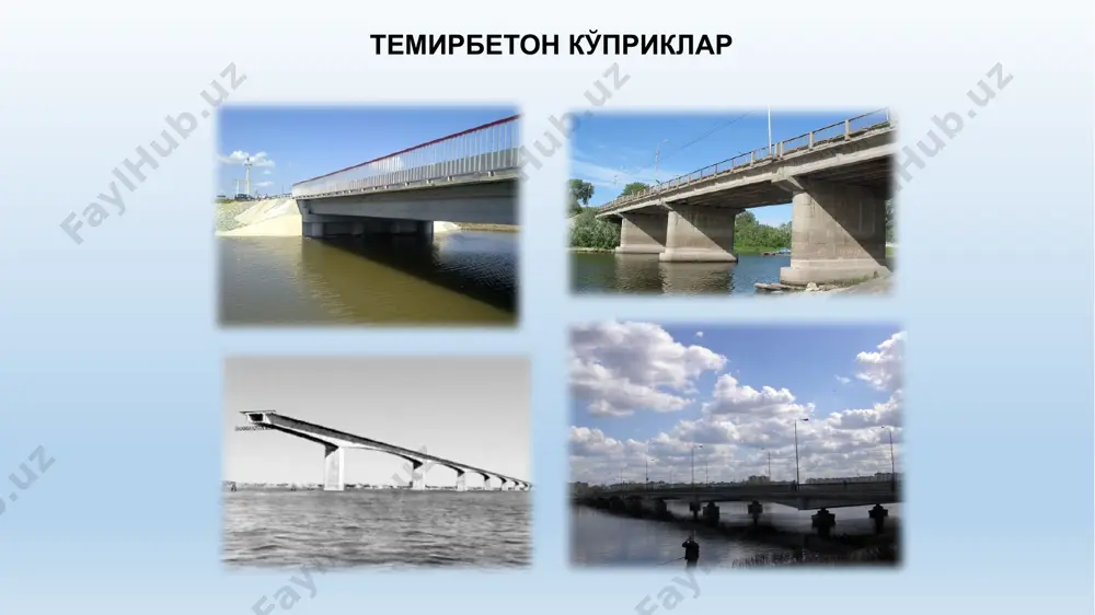 zdlarini o'tkazish uchun; shahar - barcha turdagi shahar transport vositalari (avtomobillar, trolleybuslar, tramvaylar, metro) va piyodalar; maxsus - elektr kabellari quvurlarini va boshqalarni o'tkazish uchun. ko'priqlar tasnifi 1913 yilda taxta ko'prik o'rnida g'ishtligi qurildi, 1914 yilda undan eski shahar tomon ilk tramvay o'tgan. 1930 yillarda g'ishtli ko'prik, zamonaviy betonli ko'prikka almashtirilib, ustidan bitta katta arka qurildi. ko'priklarni statik tasnifi statik sxemaga ko'ra, ko'priklar to'siinli, fermali, arkali, kombinatsiyalangan turlarga bo'linadi. to'sinli ko'priklar - ko'priklarning eng oddiy turi. kichik oraliqlarni yopish uchun mo'ljallangan. to'sinli ko'priklar - asosiy ajralib turadigan xususiyati shundaki, oraliq to'shamalardan tayanchlarga faqat vertikal yuklar o'tkaziladi, gorizontallar esa mavjud emas deb qaraladi. to'sinli ko'priklar quyidagi turlarga bo'linadi: aloxida elementlardan tashkil topshagn uzluksiz tizimli rama – konsol tizimli xarorat uzlukli tizim to'sinli tizim - bir nechta to'sinlardan iborat bo'lib, bitta tusin bir oraliqni qoplaydi. kamchiliklari: ko'p sonli kengaytiruvchi choklar va har bir oraliq tayanchlarning mavjudligi; uzluksiz tizim — bir nechta oraliqlarni …