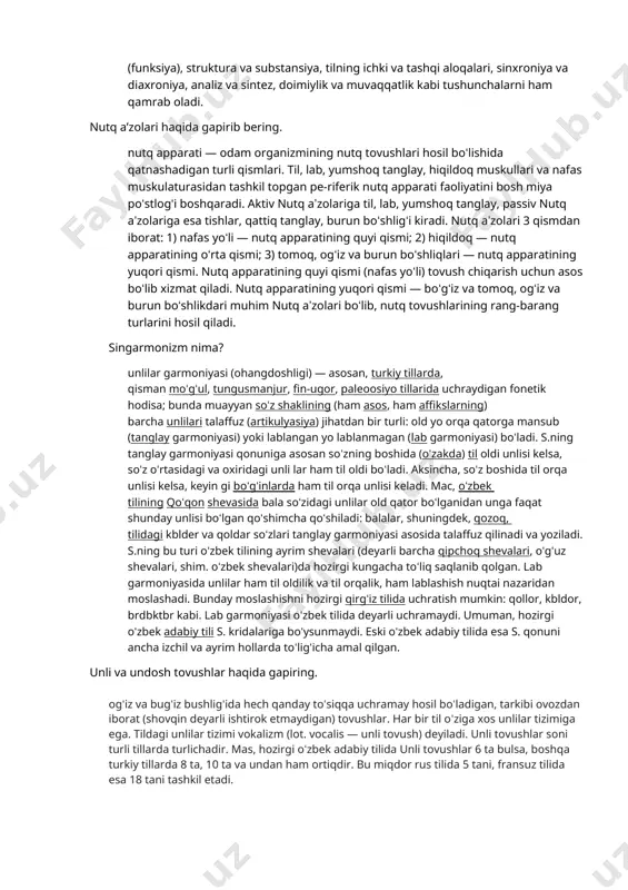 ing belgilar tizimi ekanligi, tilda shakl hamda vazifa (funksiya), struktura va substansiya, tilning ichki va tashqi aloqalari, sinxroniya va diaxroniya, analiz va sintez, doimiylik va muvaqqatlik kabi tushunchalarni ham qamrab oladi. nutq a’zolari haqida gapirib bering. nutq apparati — odam organizmining nutq tovushlari hosil boʻlishida qatnashadigan turli qismlari. til, lab, yumshoq tanglay, hiqildoq muskullari va nafas muskulaturasidan tashkil topgan pe-riferik nutq apparati faoliyatini bosh miya poʻstlogʻi boshqaradi. aktiv nutq aʼzolariga til, lab, yumshoq tanglay, passiv nutq aʼzolariga esa tishlar, qattiq tanglay, burun boʻshligʻi kiradi. nutq aʼzolari 3 qismdan iborat: 1) nafas yoʻli — nutq apparatining quyi qismi; 2) hiqildoq — nutq apparatining oʻrta qismi; 3) tomoq, ogʻiz va burun boʻshliqlari — nutq apparatining yuqori qismi. nutq apparatining quyi qismi (nafas yoʻli) tovush chiqarish uchun asos boʻlib xizmat qiladi. nutq apparatining yuqori qismi — boʻgʻiz va tomoq, ogʻiz va burun boʻshlikdari muhim nutq aʼzolari boʻlib, nutq tovushlarining rang-barang turlarini hosil qiladi. …