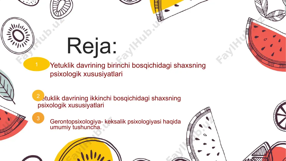 ar bilan boyitib turadi. psixogerontologiya fanida gerontologiya, involyutsiya, geriatriya, gerogigiena, geteroxronlik kabi ilmiy tushunchalar mavjud. gerontologiya - grekcha so’z bo’lib, keksayishning, keksalikning kelib chiqishi demakdir. geriatriya so’zi keksaygan inson shaxsini davolashni bildiradi. involyutsiya tushunchasi evolyutsiyaning teskarisi bo’lib, o’sishdan orqaga qaytishni ifodalaydi. keksayish davrida biologik organning zaiflashuvi psixik jarayonlarning ham o’zgarishiga olib keladi. ruhiy keksayish alomatlari ayollarda ertaroq paydo bo’ladi. erkak va ayollar o’rtasidagi farqlar borgan sari yaqqol ko’zga tashlana boshlaydi. bu farqlar bilish jarayonlari (sezgi, idrok, xotira, tafakkur), ahloqqacha (farosatlilik, hushyorlik, hozirjavoblik, topqirlik) va aql-zakovat (aql, bilim, ijtimoiy tajriba, mahorat, ijodiy faoliyat, barqaror malaka) kabi ruhiy holatlarda o’z aksini topadi. ayollarning tabiiy azobdan (tug’ish, bola tarbiyasi) tashqari xizmat, oila tashvishi, yumushi, mehr-muhabbatga otashligi, nozik qalbi tashqi qo’zg’atuvchilarga tez javob beruvchanligi jihatdan ertaroq qarishga olib keladi (asab sistemasining buzilishi, irodaviy zo’riqish, aqliy tanglik holatlari). keksalik davridagi shaxsning psixologik hususiyatlari keksalik davriga 75-90 yoshdagi erkak va ayollar (buva va buvilar) kiradi va …