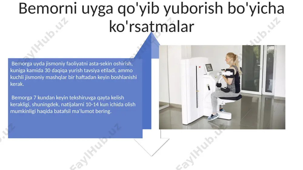 ilinishi mumkin, bu aniq ko'rsatmalarni tekshiruvdan oldin shifokor yoki tibbiyot xodimi bilan tasdiqlang. agar sizda yurak stimulyatori yoki boshqa implantatsiyalangan tibbiy qurilmalar bo'lsa, shifokorga xabar bering, chunki bu tekshiruv jarayoniga ta'sir qilishi mumkin. bemor bilan muloqot va axborot berish bemorga tekshiruvdan 1-2 kun oldin tayyorgarlik jarayoni haqida batafsil ma'lumot bering, shu jumladan, ovqatlanish va dori-darmonlarga oid cheklovlarni tushuntiring. tekshiruvdan oldin bemorga 3-5 ta muhim savol berib, uning sog'lig'i va oldingi kasalliklari to'g'risida to'liq ma'lumot oling. e'tiboringiz uchun rahmat @taqdimot_robot image4.jpg image5.jpg image6.jpg image7.jpg image8.jpg image9.jpg image10.jpg image11.jpg image12.jpg image13.jpg image14.jpg image15.jpg image16.jpg image17.jpg image3.png image18.jpg image19.jpg image20.jpg image1.jpeg image2.jpeg
