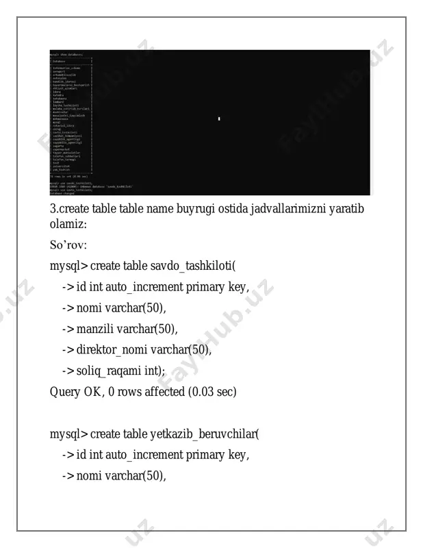 olumn savdo_nuqtasi_id int, -> add foreign key (savdo_nuqtasi_id) references savdo_nuqtasi(id); query ok, 0 rows affected (0.02 sec) records: 0 duplicates: 0 warnings: 0 natijasi: 4.insert into buyrug’i asosida malumotlar qushamiz so’rov mysql> insert into yetkazib_beruvchilar (nomi, faoliyat_turi, mamlakat, shahar, manzil) -> values ('supplier1', 'faoliyat1', 'mamlakat1', 'shahar1', 'manzil1'), -> ('supplier2', 'faoliyat2', 'mamlakat2', 'shahar2', 'manzil2'); query ok, 2 rows affected (0.00 sec) records: 2 duplicates: 0 warnings: 0 mysql> insert into savdo_tashkiloti (nomi, manzili, direktor_nomi, soliq_raqami) -> values ('tashkilot1', 'manzil1', 'direktor1', 12345), -> ('tashkilot2', 'manzil2', 'direktor2', 67890); query ok, 2 rows affected (0.00 sec) records: 2 duplicates: 0 warnings: 0 mysql> insert into savdo_nuqtasi (nomi, turi, manzili, bosh_nomi, savdo_tashkiloti_id) -> values ('nuqta1', 'turi1', 'manzil1', 'boshnomi1', 1), -> ('nuqta2', 'turi2', 'manzil2', 'boshnomi2', 2); query ok, 2 rows affected (0.00 sec) records: 2 duplicates: 0 warnings: 0 mysql> insert into buyurtma (sanasi, mahsulot_nomi, miqdor, narx, savdo_nuqtasi_id) -> values ('2023-11-29', 'mahsulot1', '10', '100', 1), -> …