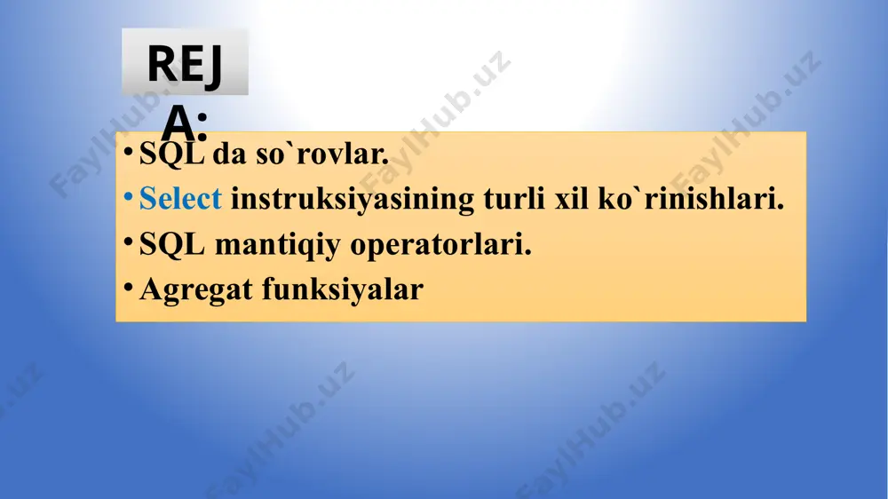 xosil bo'ladi. bu xol yuz bermasligi uchun distinct operatoridan foydalanish lozim. masalan, quyidagicha: select distinct id_talaba from talaba; select operatorida where sharti: endi where ifodasidan foydalanib ba'zi so'rovlarni ko'rib chiqamiz: talabalar jadvalidan 2 kursda ukiydigan talabalarni ruyxatini xosil kilamiz. select fam, ismi, passport from talaba where kursi=2; identifikatori 4 ga teng bo'lgan talabaning familiyasi , ismi , passport malumotlarini ko'rsating: select fam, ismi, passport from talaba where id=4; agar izlash sharti true, bo'lsa qator natijaviy to'plamga qo'shiladi, agar izlash sharti false bo'lsa, qator natijaviy to'plamga qo'shilmaydi, agar null bo'lsa ham natijaviy to'plamdan chiqariladi! o'z ma'nosiga ko'ra where, keraksiz yozuvlarni chiqarib, kerakligini qoldiruvchi filtr sifatida ishlatiladi! sql mantiqiy operatorlari. between va in operatorlari between ifodasi bu qiymatlar diapazoniga tegishlilikni tekshirishdir. ifoda sintaksisi quyidagicha: not ifodasi shartni teskarisiga o'giradi, ya'ni tegishli emas ma'noni bildiradi. misol: tugilgan yili xar xil diapozonga mos keluvchi talabalarni topish select fam, ismi , born_dat from talaba where …
