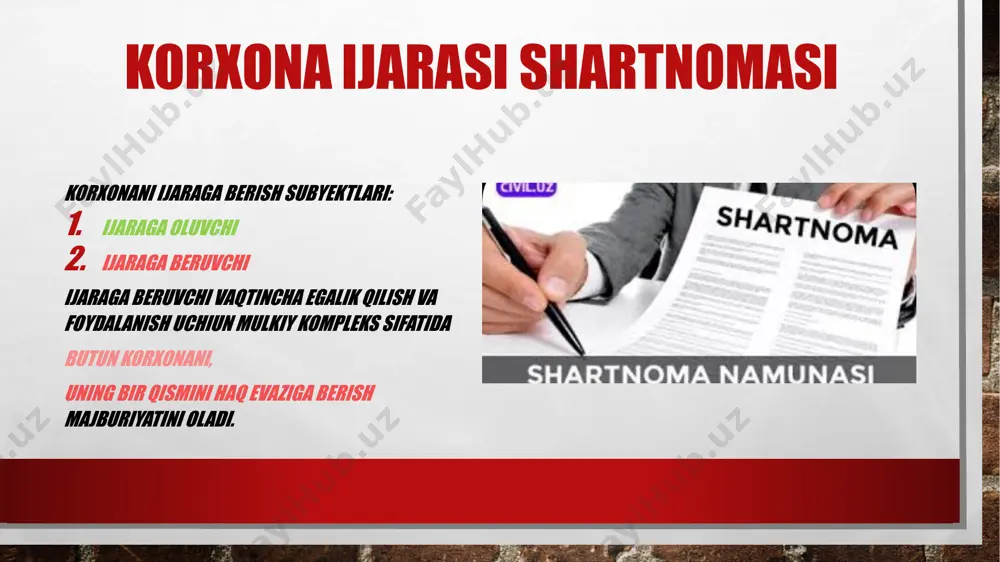 ladi. ijaraga oluvchining korxonani saqlash va uni ishlatish harajatlarini to’lash bo’yicha majburiyatlari korxonani ijaraga oluvchi ijara shartnomasi amal qilib turgan vaqtda: korxonani tegishli texnik holatda saqlab turish; kapital va joriy ta’mirlash shart. bundan tashqari: korxonani ishlatish bilan bog’liq harajatlar: ijaraga olingan mol-mulkni sug’urtalash bo’yicha to’lovlar. soliqlar va boshqa majburiy to’lovlarni to’lash ijaraga oluvchining zimmasida bo’ladi. ijaraga olingan korxona mol-mulkidan foydalanish ijaraga oluvchi ijaraga olingan korxona mol-mulki tarkibiga kiruvchi moddiy boyliklarni ijaraga beruvchining roziligi bilan: sotish; ayirboshlash; uning roziligisiz vaqtincha foydalanishga yoxud qarzga; qo’shimcha ijaraga berish; korxona bahosini pasaytirmaslik va ijara shartnomasining boshqa bandlarini buzmaslik shartlarini buzmaslik sharti bilan bunday boyliklarga nisbatan, ijara shartnomasi bo’yicha o’z huquq va majburiyatlarni boshqa shaxslarga o’tkazishga haqli. ijaraga oluvchi ijaraga olingan korxonani ijaraga beruvchining roziligisiz qayta qurishga, uni kengaytirishi texnik qayta jihozlab qiymatini oshirishga haqli. ijarachining ijaraga olingan korxonani yaxshilashi ushbu shartnomada ijaraga oluvchi ijaraga beruvchining ruhsatidan qat’iy nazar, ijaraga olingan mol-mulkni yaxshilash qiymatini olishga …