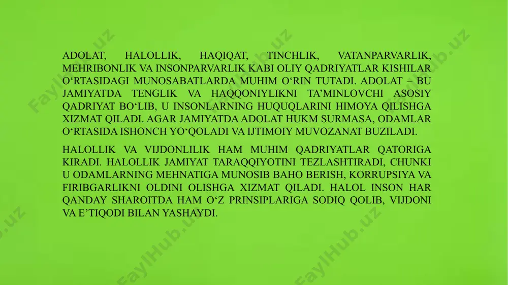 g‘otish muhim tarbiyaviy ahamiyatga ega. o‘z vatanini chin dildan sevgan kishi hech qachon uni tark etib ketmaydi, aksincha, uni yanada rivojlantirish uchun jonbozlik ko‘rsatadi. 13 vatanparvarlik va insonparvarlik bir-biri bilan chambarchas bog‘liq bo‘lib, birini ikkinchisiz tasavvur qilish qiyin. chin vatanparvar inson o‘z yurti uchun fidokorona xizmat qilib, xalqining tinchligi va farovonligi uchun harakat qiladi. shu bilan birga, u nafaqat o‘z vatandoshlariga, balki butun insoniyatga mehr bilan qaraydi. insonparvarlik va vatanparvarlik uyg‘unligi jamiyatni yanada obod qiladi, odamlar orasida o‘zaro hurmat va e’tibor muhitini yaratadi. 14 etiboringiz uchun rahmad. 15 image1.jfif image2.jfif image3.jfif image4.jfif image5.jfif image6.jfif image7.jfif image8.jfif image9.jfif image10.jfif /docprops/thumbnail.jpeg