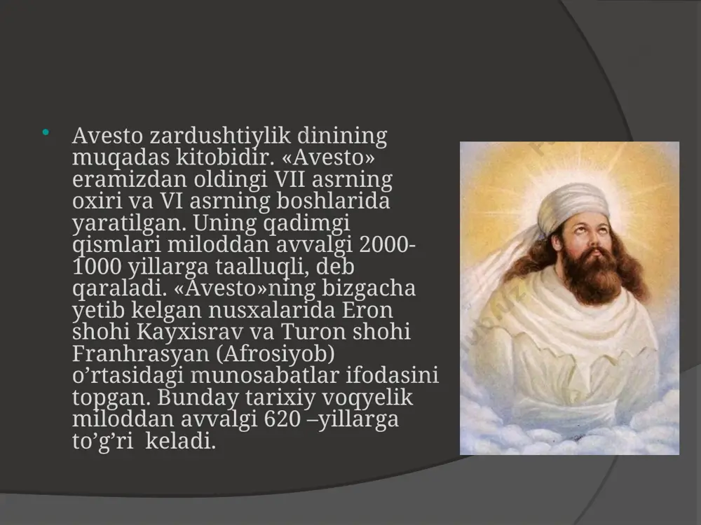 tlariga bo‘shatib bera boshladi. bu holat zardushtiylik ichida yangi oqim moniylik ta’limotining yuzaga kelishi va kuchayishiga olib keladi. ushbu oqimning asoschisi moniy (216-276 y.) bo‘lib, u tarixiy shaxsdir. uning ta’limoti hukmron tabaqalar manfaatiga zid bo‘lgani uchun 276 yilda vahshiylarcha o‘ldirildi avestoda yer, suv, oziq-ovqat, kiyim-kechak toza saqlanishi kerakligini aytadi. avliyolarni shahar va qishloq chekkasida qurish va uni atrofi o’rab olinishi kerakligini aytib o’tilgan. suvni iflos qilmaslik va unga tupurmaslik haqida yozilgan. yerni iflos qilmaslik haqida yozilgan. yerni iflos qilgan va uni asrash qoidalarini buzgan insonlar 400 qamci urilgan. mikroblar insonni kasallanishiga sabab bo’ladi. "avesto" matnlarini o`qish imkoniyatiga egamiz. uning ayrim qisimlarini frantsuz olimi a.dyuperron tarjima qilishga muvaffaq bo`lgan. tadqiqotchi olim meri boys ko`p yillar davomida hindistondagi zardushtiylik jamoalari hayoti va urf-odatlarini o`rgangandi. bu haqida u o`zining "zardushtiylar. e`tiqodlari va urf-odatlari" kitobida hikoya qilgan. zardusht 40 yoshida yangi diniy ta`limot payg`ambari bo`ldi. "payg`mbar" so`zi "savobli ishlar xabarchisi" ma`nosidir. zardushtning g`oyalari, matnlari …