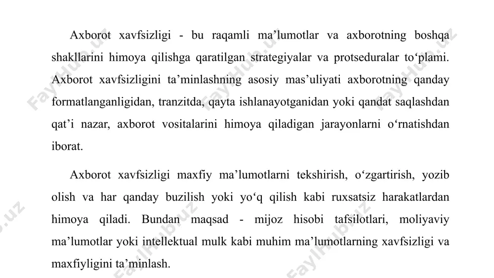 satlar va kirish huquqlarini berish. rad etmaslik — hodisalarning ishonchli qaydini taqdim etish orqali odamlar oʻz harakatlari yoki operatsiyalarini inkor eta olmasligini ta’minlash. ma’lumotlarni himoya qilish — axborot xavfsizligi maxfiy ma’lumotlarni tekshirish, oʻzgartirish, yozib olish, buzish yoki yoʻq qilish kabi ruxsatsiz harakatlardan himoya qiladi. bunga shaxsiy ma’lumotlar, moliyaviy ma’lumotlar va tijorat sirlari, shuningdek, maxfiy hukumat va harbiy ma’lumotlar kiradi. kibertahdid himoyasi — kiberxavfsizlik keng qamrovli kibertahdidlardan, jumladan zararli dasturlar, fishing, toʻlov dasturlari va boshqalardan himoya qiladi. axborot xavfsizligini ta’minlash vazifalariga quyidagilar kiradi: ma’lumotlarning maxfiyligi — axborot xavfsizligi odamlarning maxfiyligini saqlagan holda shaxsiy va muhim ma’lumotlarning himoyasini ta’minlaydi. kirish nazorati — axborot xavfsizligi faqat vakolatli foydalanuvchilar maxfiy ma’lumotlarga kirishini ta’minlaydi. bu ruxsatsiz foydalanuvchilarning maxfiy ma’lumotlarga kirishiga yoʻl qoʻymaslik uchun autentifikatsiya va ruxsat mexanizmlarini amalga oshirishni oʻz ichiga oladi. favqulodda vaziyatni tiklash — axborot xavfsizligi muhim biznes funktsiyalari xavfsizlik hodisasi yuz bergan taqdirda ham davom etishini ta’minlashga yordam beradi. bunga asosiy tizimlar …