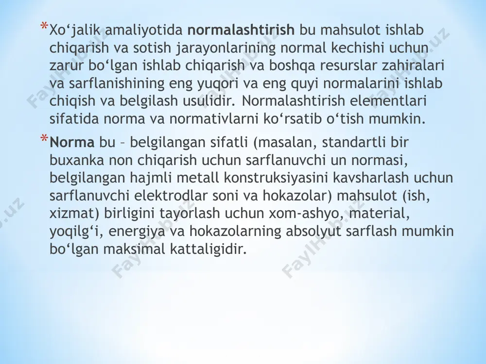llarini belgilashda bir-birini to‘ldirib turadi. bashorat rejalashtirishning dastlabki bosqichidir. rejalashtirish korxonaga quyidagi vazifalarni bajarish imkonini beradi: birinchidan, nimani, qaerda va qancha miqdorda ishlab chiqarish kerak, ikkinchidan, ishlab chiqarish uchun qanday va qancha resurs va quvvatlar kerak bo‘ladi, uchinchidan xarajatlar qay darajada qoplanadi va foyda (daromad) hajmi qanday bo‘ladi. rejalashtirishda xato va kamchiliklar qanchalik kam bo‘lsa, ishlab chiqilayotgan reja va bashoartlarning ishonchli va hayotiyligi shunchalik yuqori bo‘ladi. muhokama va nazorat savollari bozor sharoitlarida rejalashtirish va bashorat qilishning mohiyati nimada? bozor sharoitlaridagi rejalashtirish avvalgi ma’muriy-buyruqbozlik tizimidagi rejalashtirishdan nimasi bilan farq qiladi? xo‘jalik yuritishning bozor sharoitlarida rejalashtirishning asosiy tamoyillarini sanab bering. rejalashtirishdagi iqtisodiy tahlilning ahamiyati nimada? rejalashtirish va erkin tadbirkorlik qay tarzda uyg‘unlashadi? korxonaning rejalashtirish sohasidagi vakolatlari qanday? rejalashtirishning normativ asoslari deganda nimani tushunish kerak? norma bilan normativ o‘rtasida qanday farq bor? rejalashtirishning normativ aoslarini tasniflab bering.