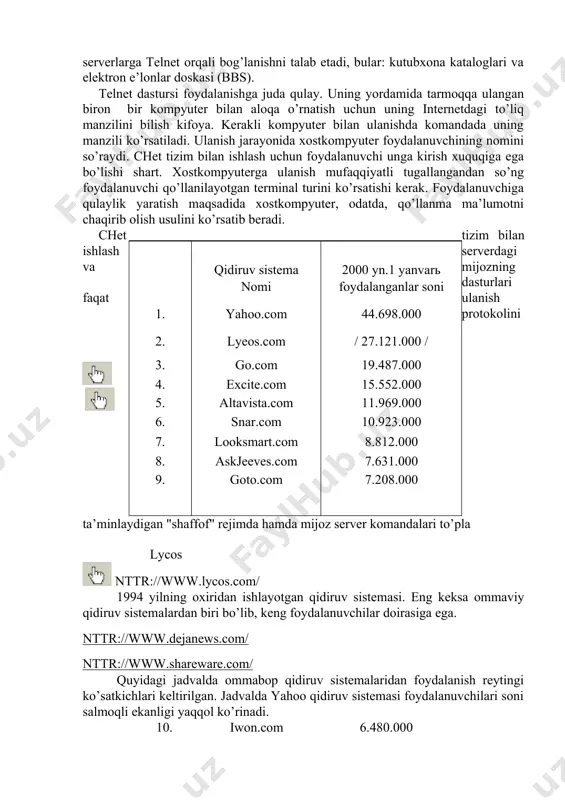 ish taklif qilinadi. serverda qayd qilinmagan foydalanuvchi "anonymus" nomini tanlab muayyan fayllar va dasturlardan foydalanishga ruxsat oladi. agar parol so’ralsa, elektron pochtadagi shaxsiy manzilni kiritish mumkin. mazkur amallarni bajargandan so’ng ftrserver bilan ishlashga yo’l ochiladi. diqqat! faylarni uzatishning asosiy rejimi ascii kodi orqali uzatishdir. ikkilik kodlarni uzatish uchun binary komandasini kiritish lozim. faol rejimni aniqlash status komandasini kiritib amalga oshiriladi. aksariyat ftrserverlar operatsion tizim boshqaruvi ostida ishlashi tufayli ushbu tizimda ishlash texnologiyasi kompyuter komanda satrida komandalarni kiritishni talab etadi va foydalanuvchining mazkur rejimdagi ishini birmuncha mushkullashtiradi. windows operatsion tizimi ws_ftr dastursi bilan ishlashga imkon yaratadi, bu ftr serverlari bilan ishlashda ancha qulaylik tug’diradi. yana bir usul www microsoft internet exrlorer, netscare navigator kabi ilova navigatorlarini qo’llashga asoslanadi. boshqa kompyuterlar bilan o’zaro aloqa (telnet.) telnet boshqa kompyuter bilan aloqaga kirishishni ta’minlaydi, telnet orqali aloqani o’rnatib foydalanuvchi boshqa kompyuterda go’yoki "o’ziniki" bilan ishlayotgandek ishlashi mumkin, ya’ni nazariy jihatdan barcha resurslarga ega bo’ladi. …
