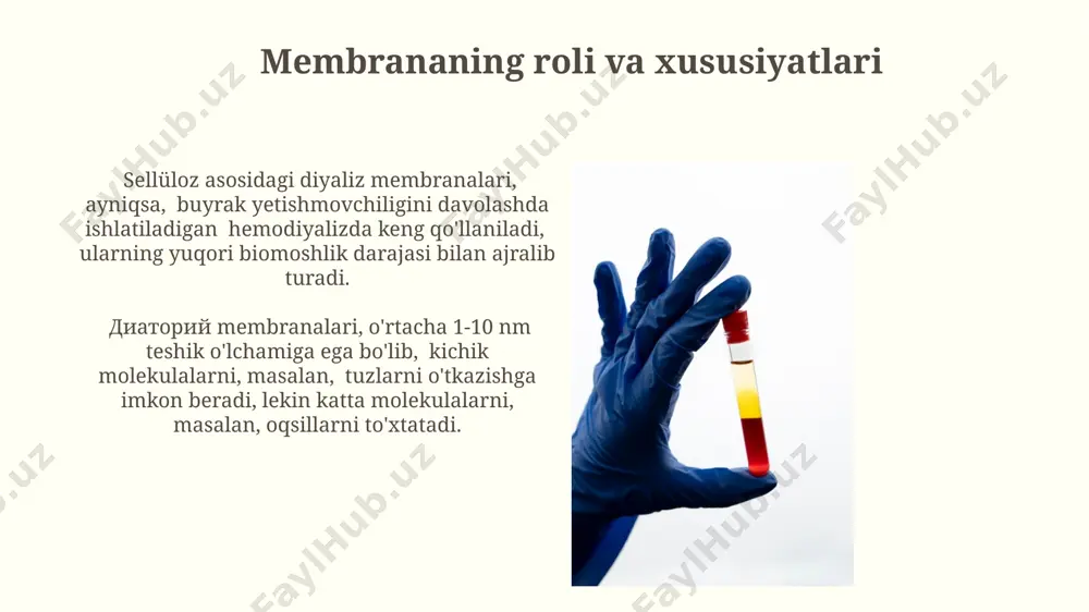 elektrolitlarni, masalan, kaliy va kaltsiy ionlarini, shuningdek, 150 ml/min tezlikda qon oqimini ta'minlash uchun maxsus filtrlarni o'z ichiga oladi. gemodilizning asoratlari va oldini olish gemodiyalizdan keyin, samarqand viloyatidagi statistikaga ko'ra, taxminan 30% bemorlarda anemiya rivojlanadi, bu esa temir preparatlari yoki eritropoetin bilan davolashni zarur qiladi. gemodiyaliz davolash jarayonida, masalan, toshkentdagi markazlarda, taxminan 10% bemorlarda gipertenziya kabi asoratlar kuzatiladi, bu esa qon bosimini nazorat qilishni talab qiladi. gemodilizning kelajagi va yangi texnologiyalar membrana texnologiyalarining rivojlanishi, masalan, yuqori o'tkazuvchanlikka ega bo'lgan polimerik membranalarning qo'llanilishi, gemodiyaliz samaradorligini 15-20% ga oshirish imkonini beradi va tokio universiteti tadqiqotchilari tomonidan tasdiqlangan. germaniyada ishlab chiqilgan "biocompatible" gemodiyaliz apparati, qonning biokimyoviy ko'rsatkichlariga minimal ta'sir ko'rsatadi va bemorlarning hayot sifatini sezilarli darajada yaxshilaydi, bu esa klinik sinovlar natijalarida 70% ga yaqin bemorlarda kuzatilgan. gemodiliz jarayonining nazorati va monitoringi гемодиализ жараёнида қон босимининг 100-140 мм сим. устун ва юрак уришининг 60-100 уриш/дақиқада сақланишини назорат қилиш тошкент шаҳридаги клиникаларда стандарт тартиб …